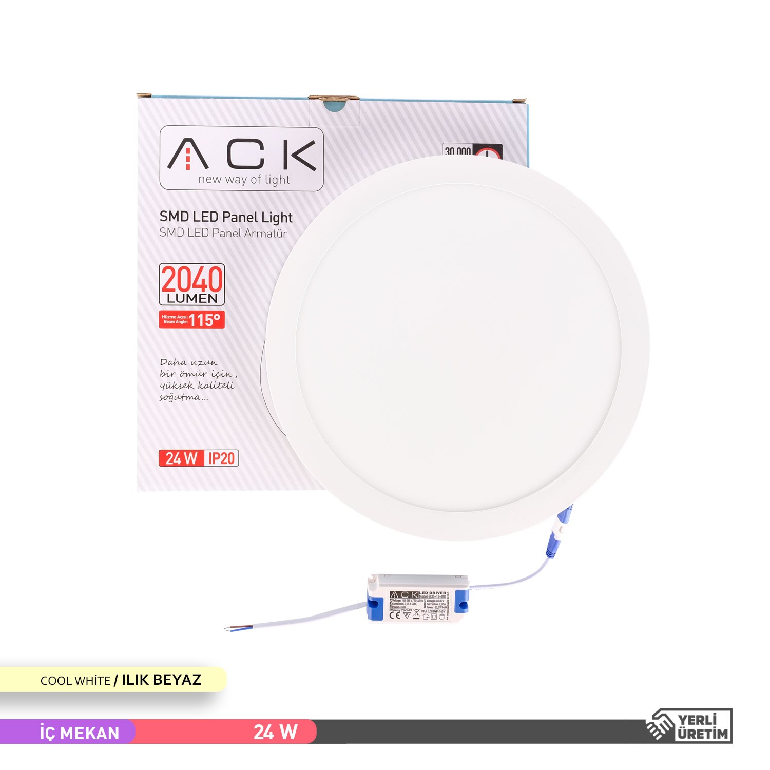 ACK Sıva Üstü Yuvarlak LED Panel Armatür Beyaz Gövde 4000K Ilık Beyaz 24W AP03-02410