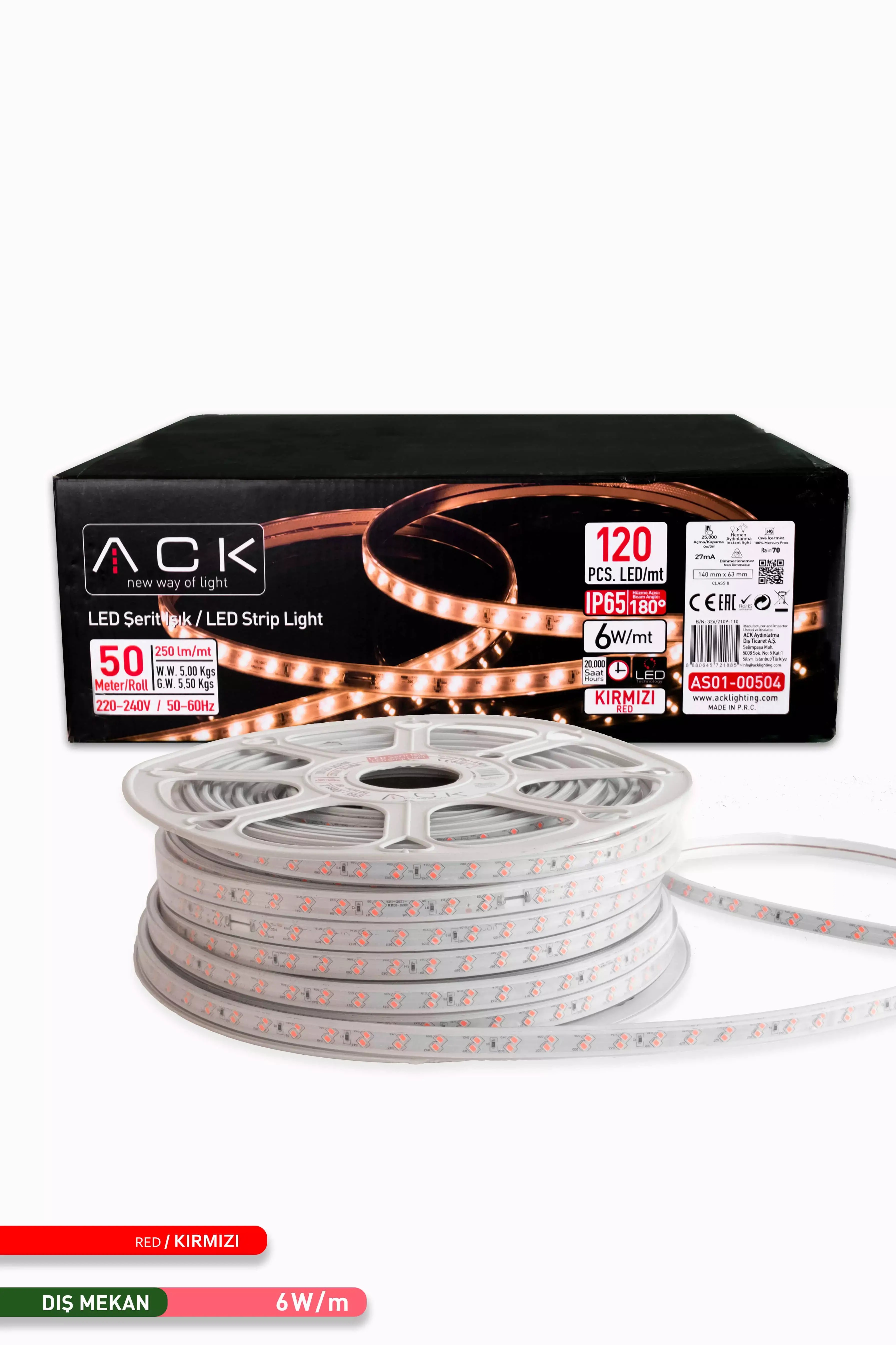 ACK 120 LED li Şerit LED Kırmızı Işık 220V 6W 50m AS01-00504