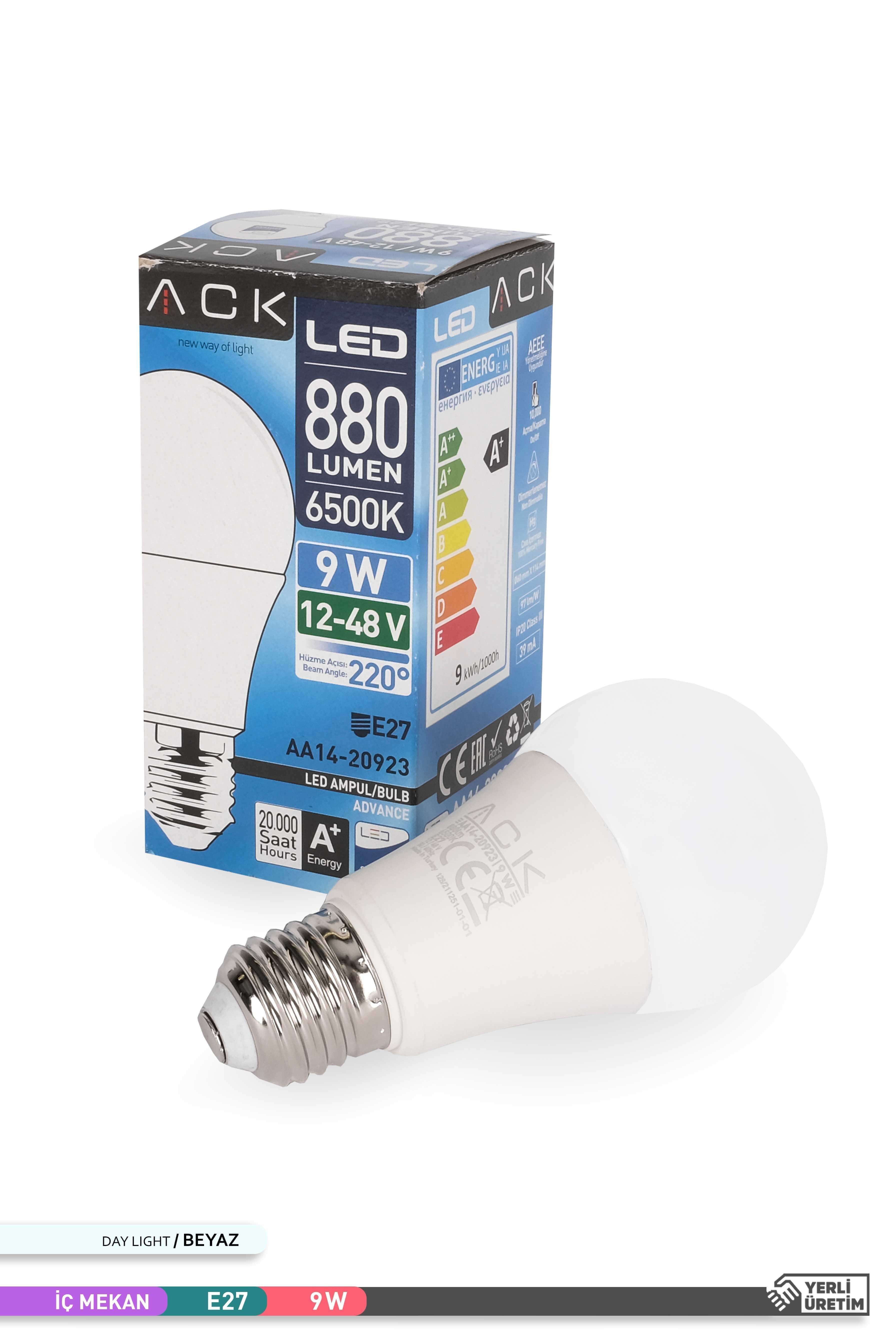 ACK SMD LED Ampul 6500K Beyaz Işık 12-48V 9W E27