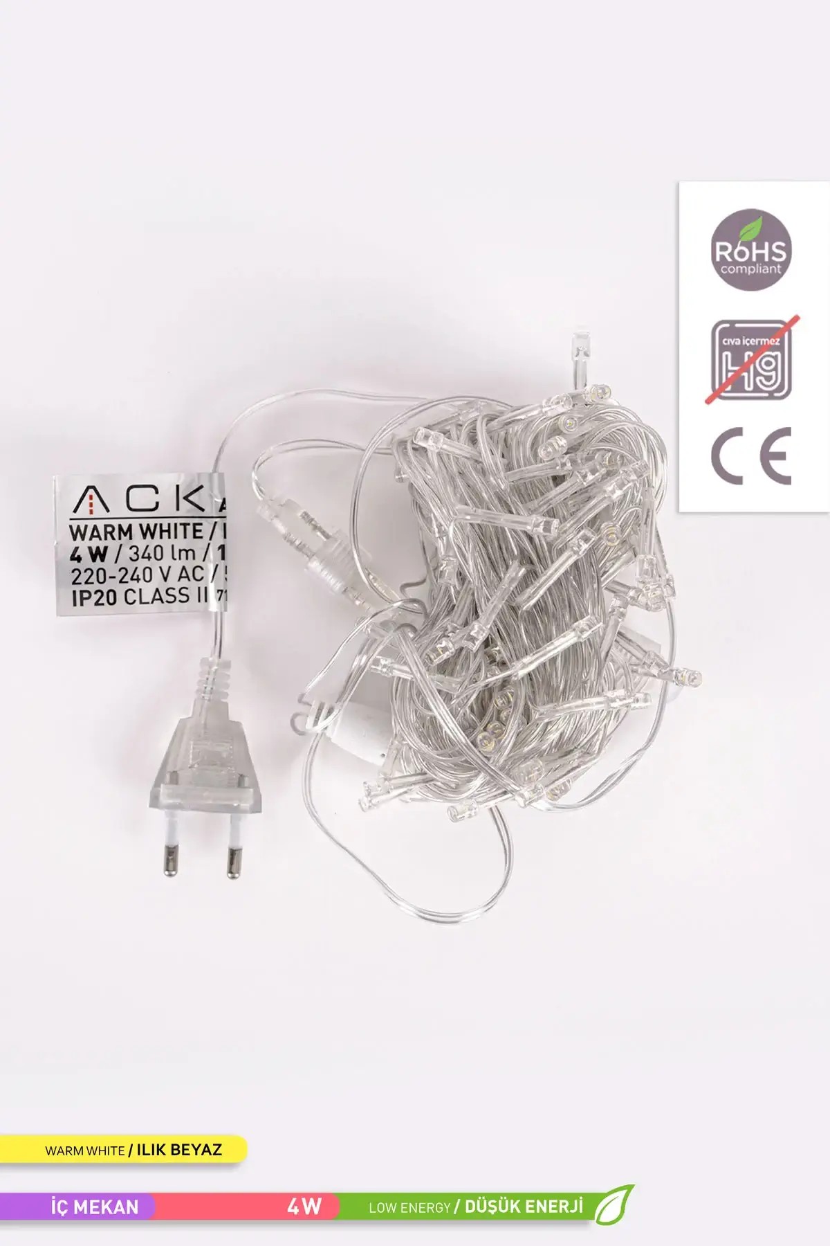 ACK 100 LED li Eklenebilir LED Süsleme, Yılbaşı Ağacı Süsleme 3000K Gün Işığı 220V 4W 10m AS90-00400