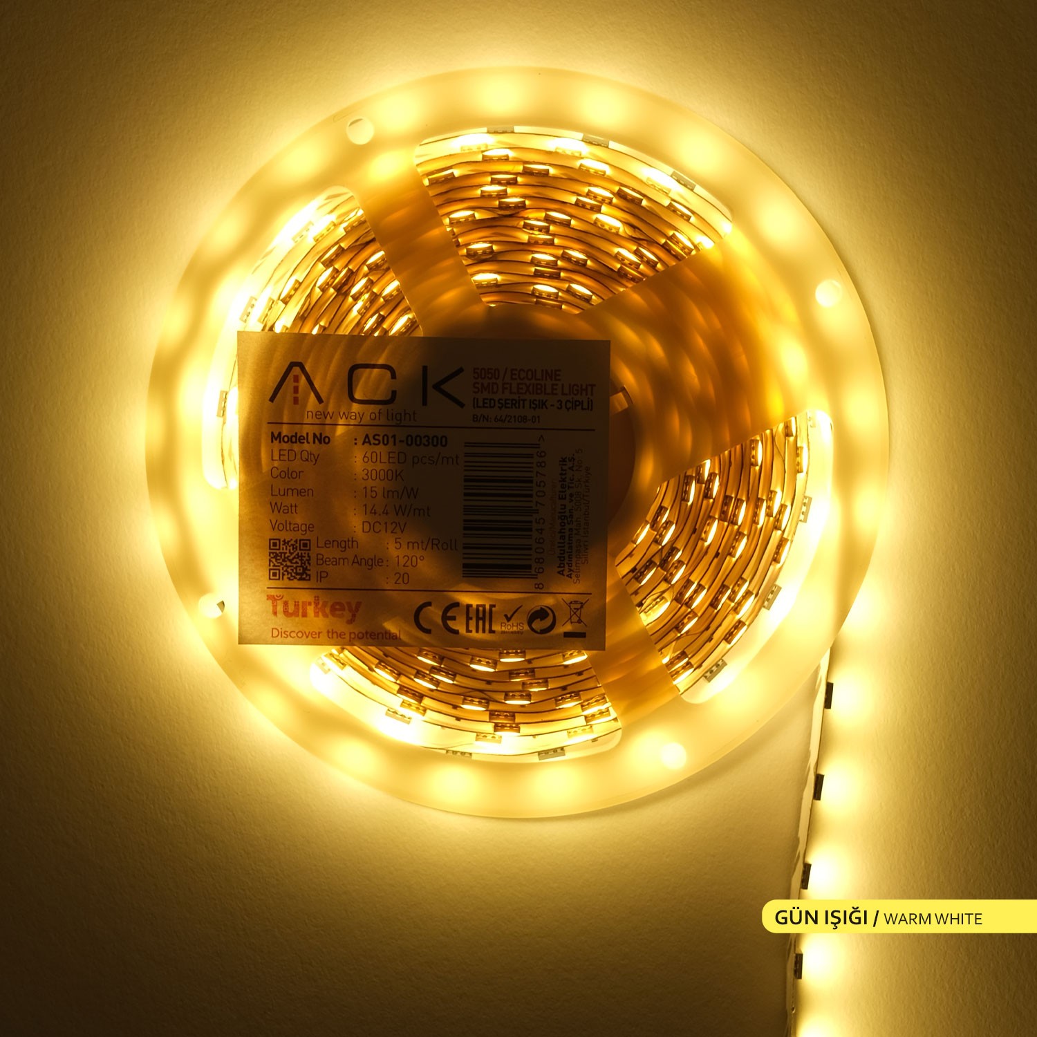ACK Üç Çip 60 LED li Şerit LED 3000K Gün Işığı 12V 14.4W 5m