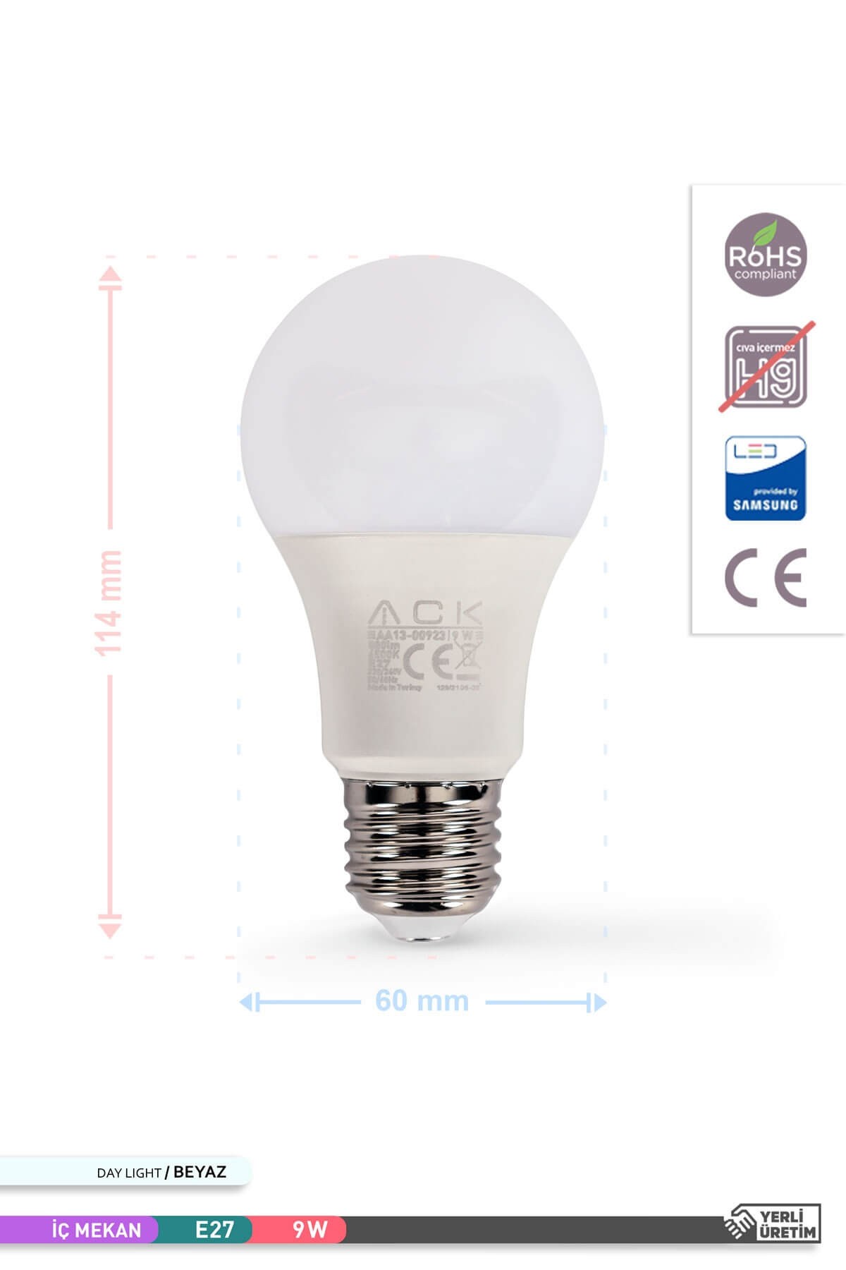 ACK LED A60 Ampul 6500K Beyaz Işık 220V 9W E27