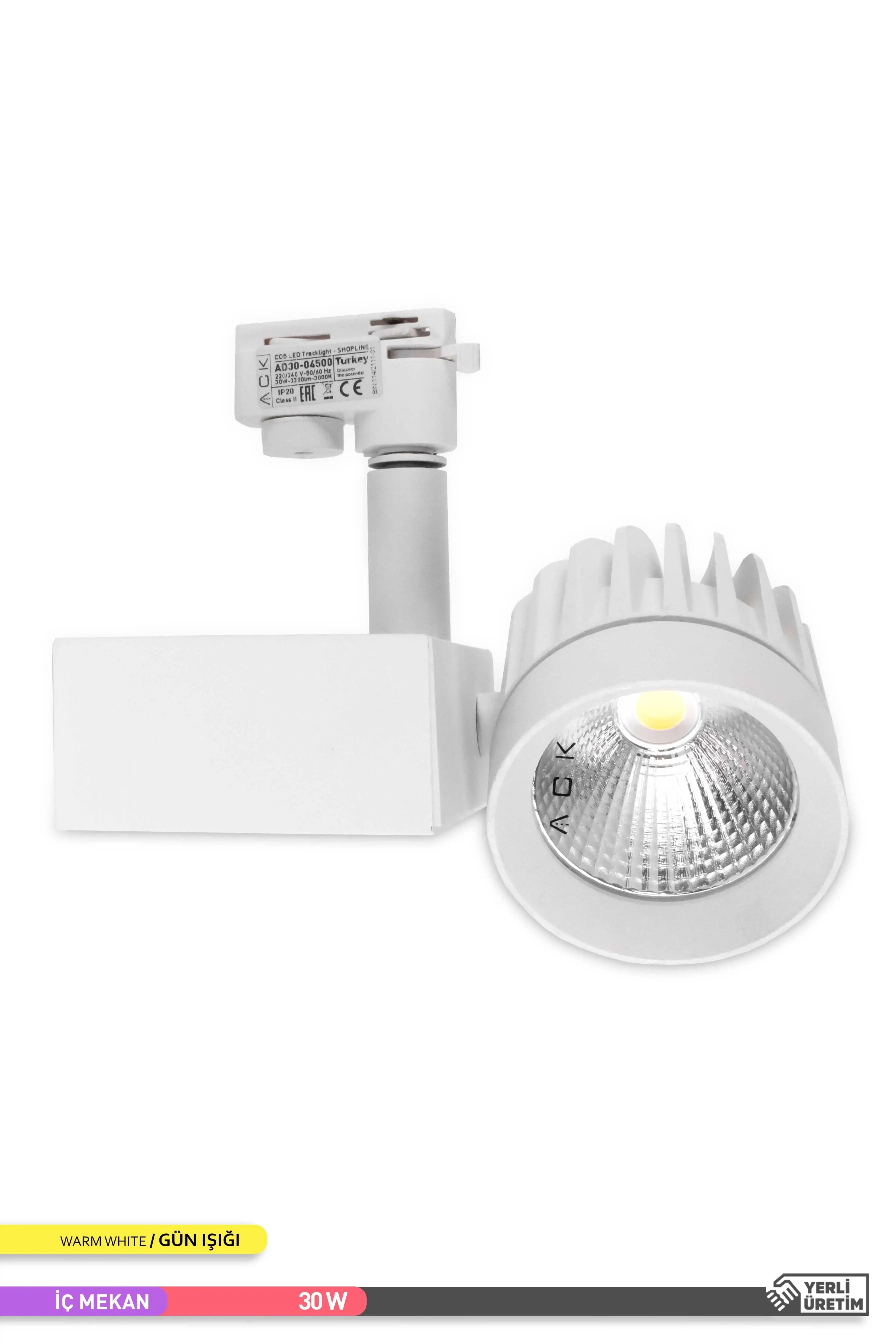 ACK COB LED Monofaze Ray Armatürü Beyaz Kasa 3000K Gün Işığı 30W