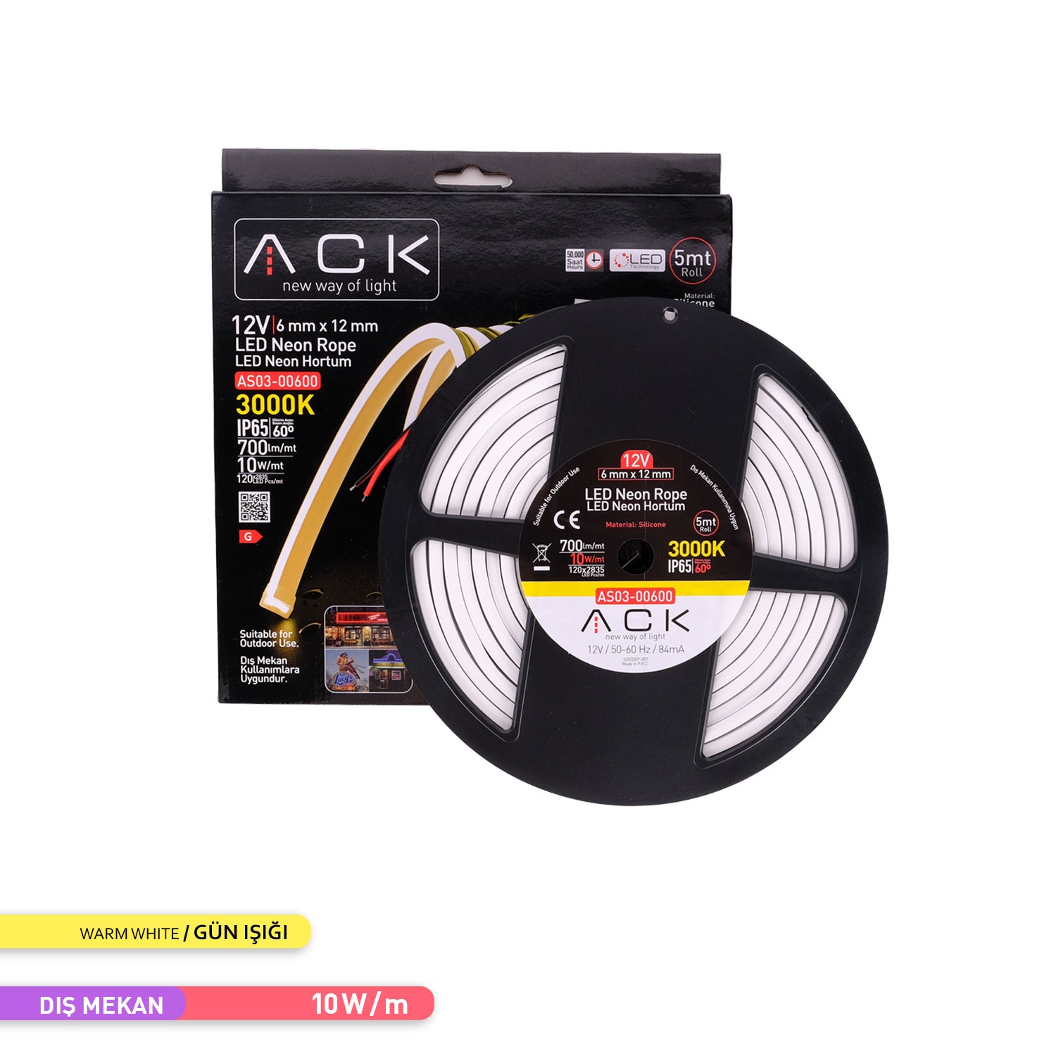 ACK LED Neon Hortum 3000K Günışığı 5 Metre 12V 10W/mt AS03-00600