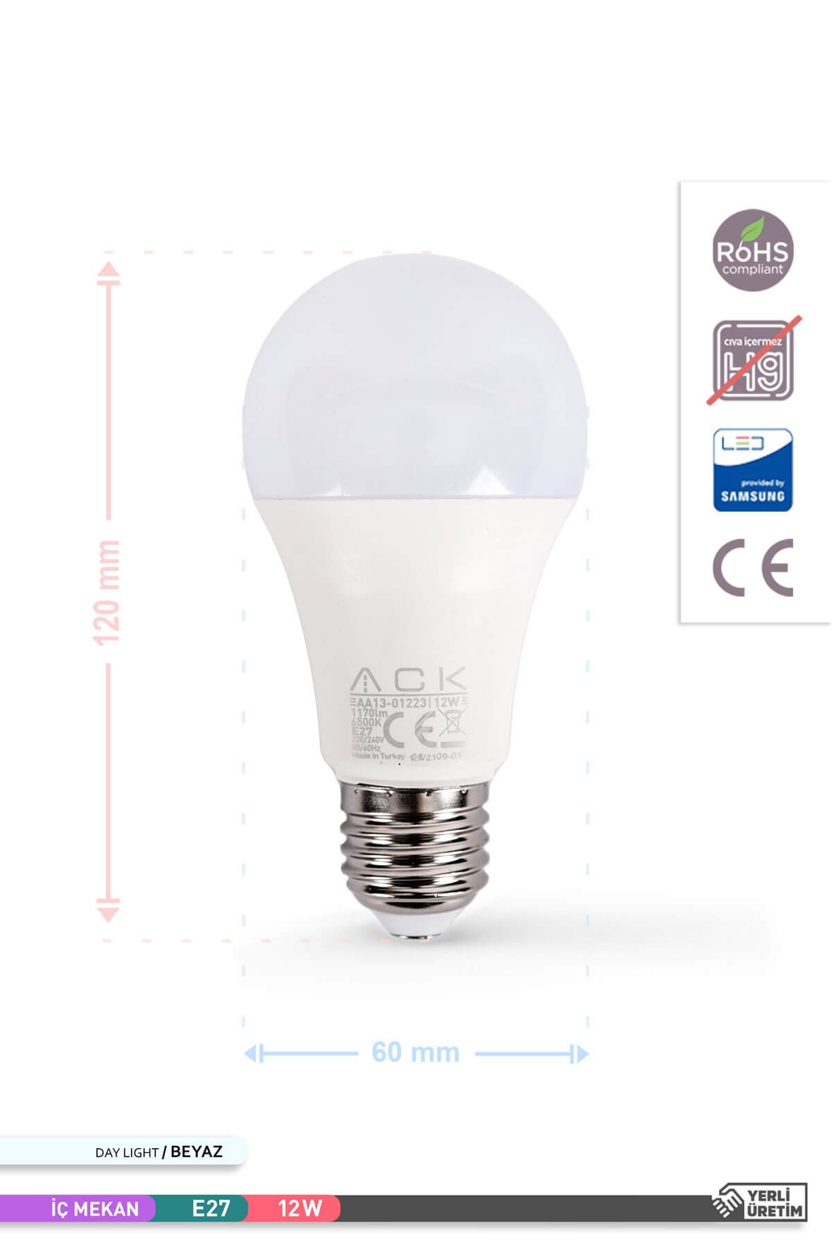 ACK LED A60 Ampul 6500K Beyaz Işık 220V 12W E27