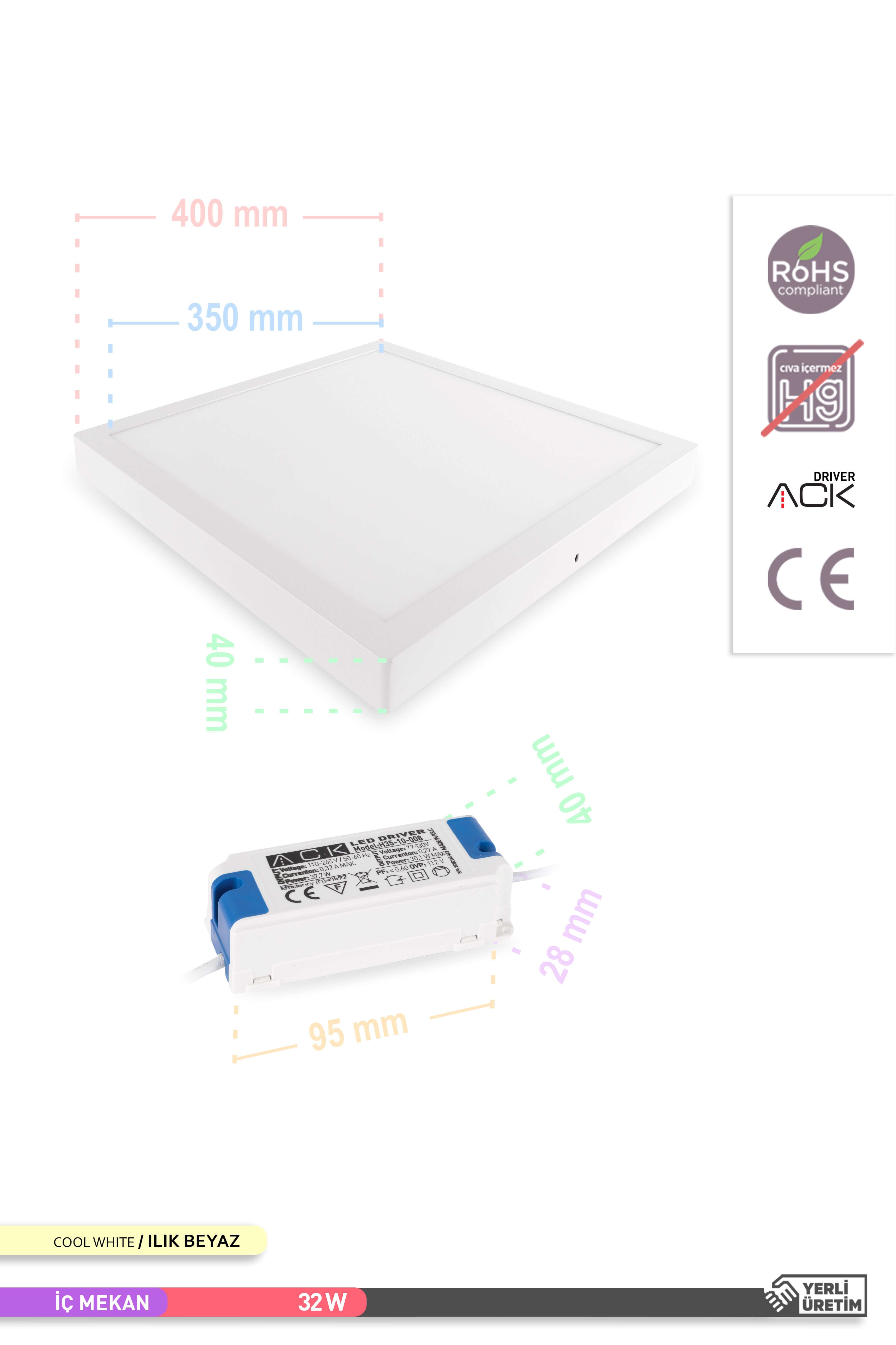 ACK 32W Sıva Üstü Kare LED Panel Armatür Beyaz Gövde 4000K Ilık Beyaz AP04-03310