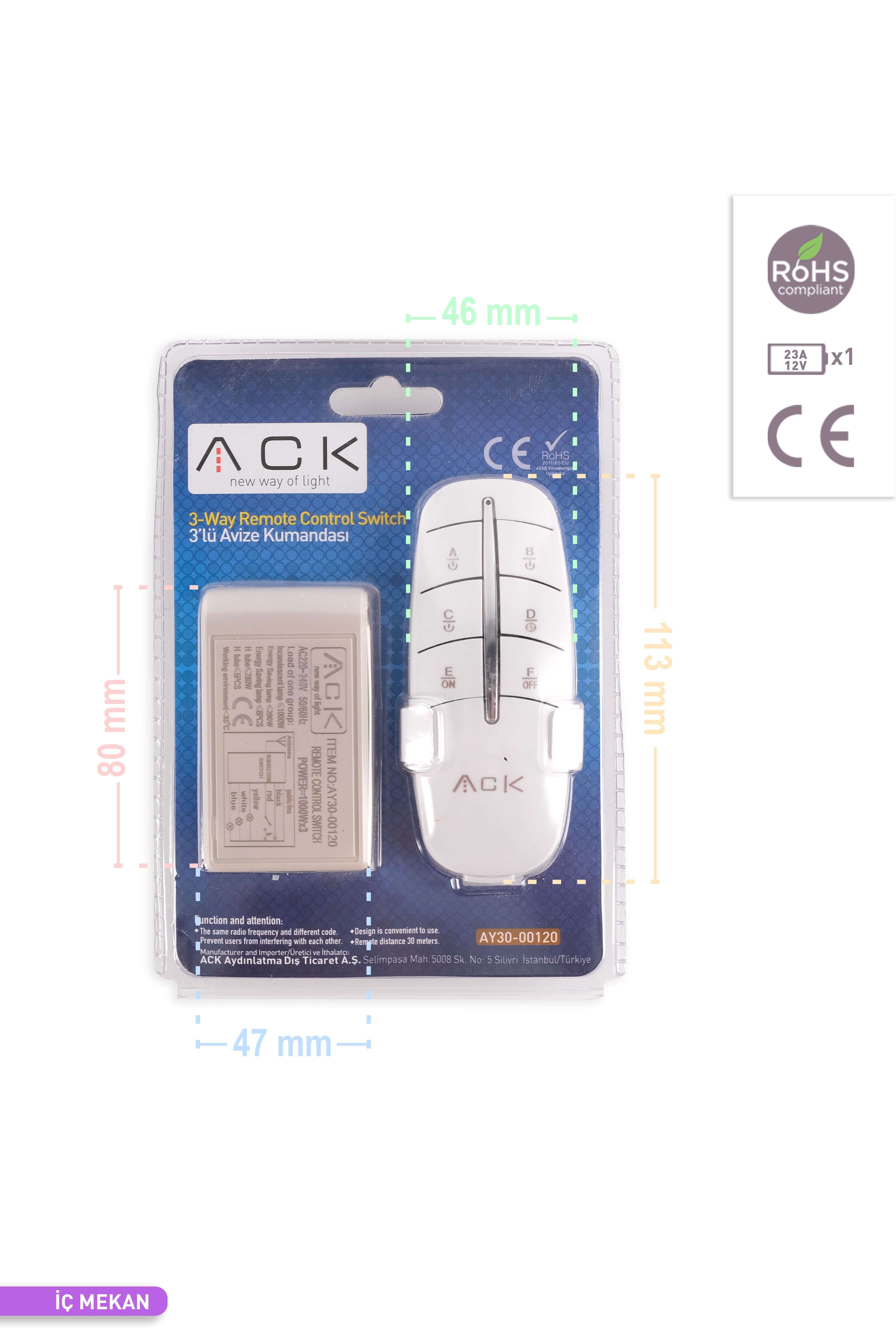 ACK 3 lü Avize Kumandası 220V 200W-1000W AY30-00120