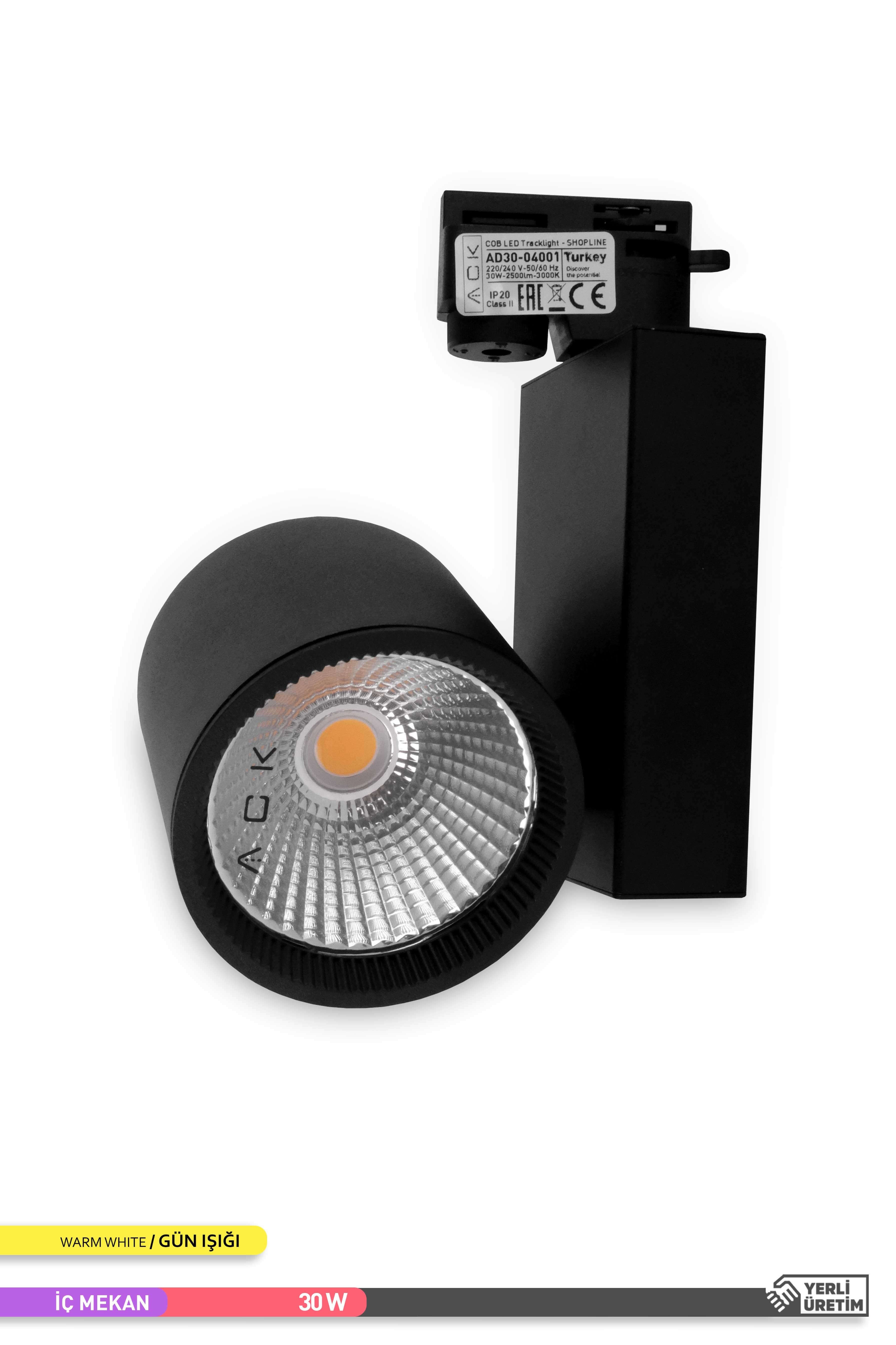 ACK COB LED Monofaze Ray Armatürü Siyah Gövde 3000K Gün Işığı 30W