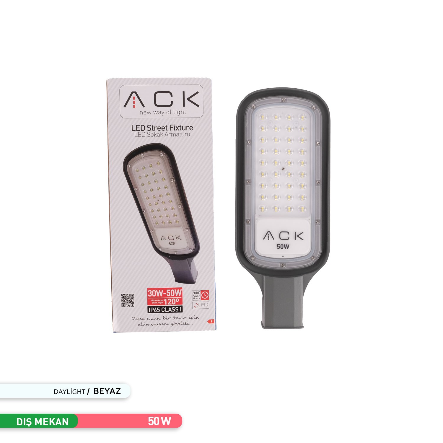 ACK LED Sokak Armatürü Siyah Kasa 6500K Beyaz Işık 50W AT41-15030