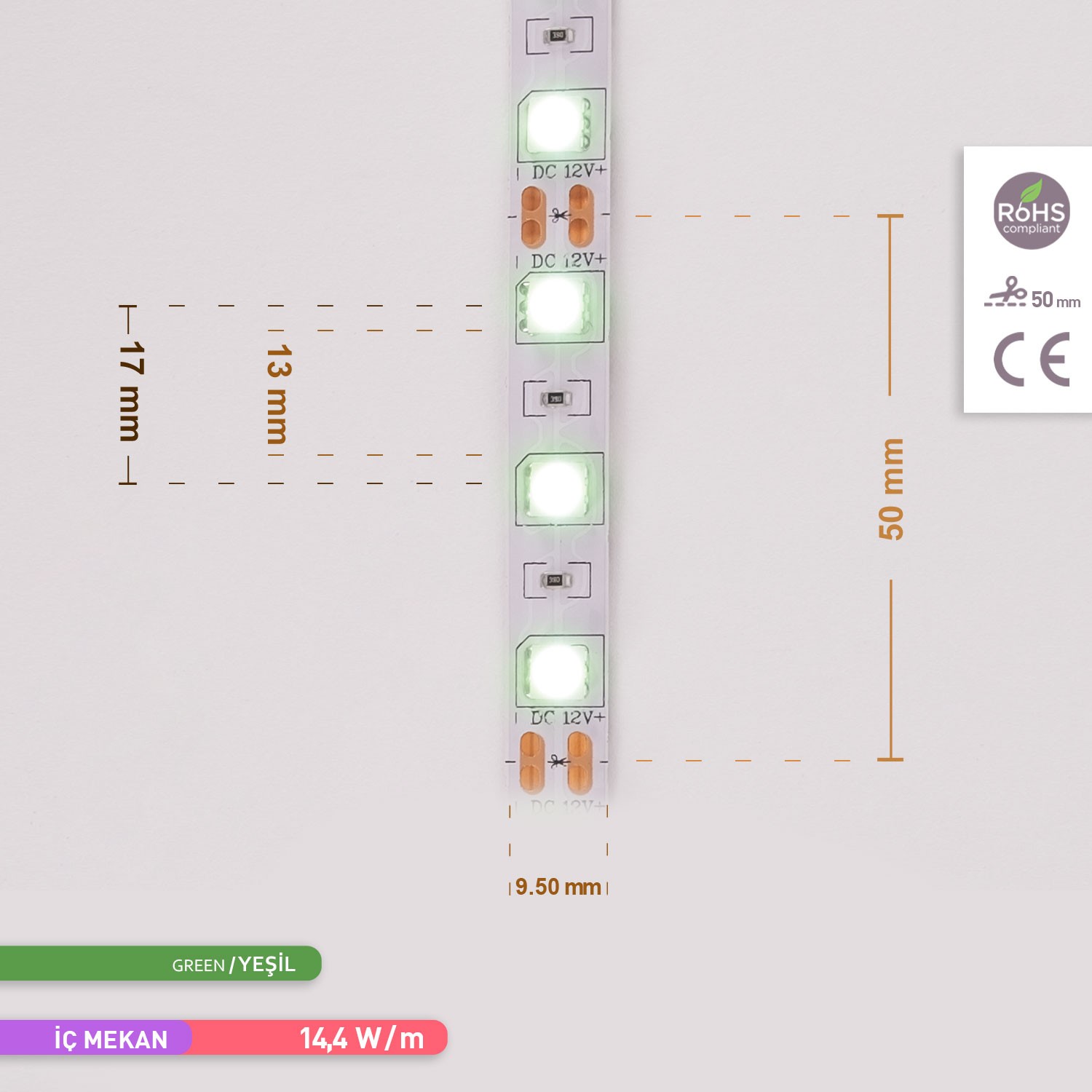 ACK Üç Çip 60 LED li Şerit LED Yeşil Işık 12V 14.4W 5m AS01-00305