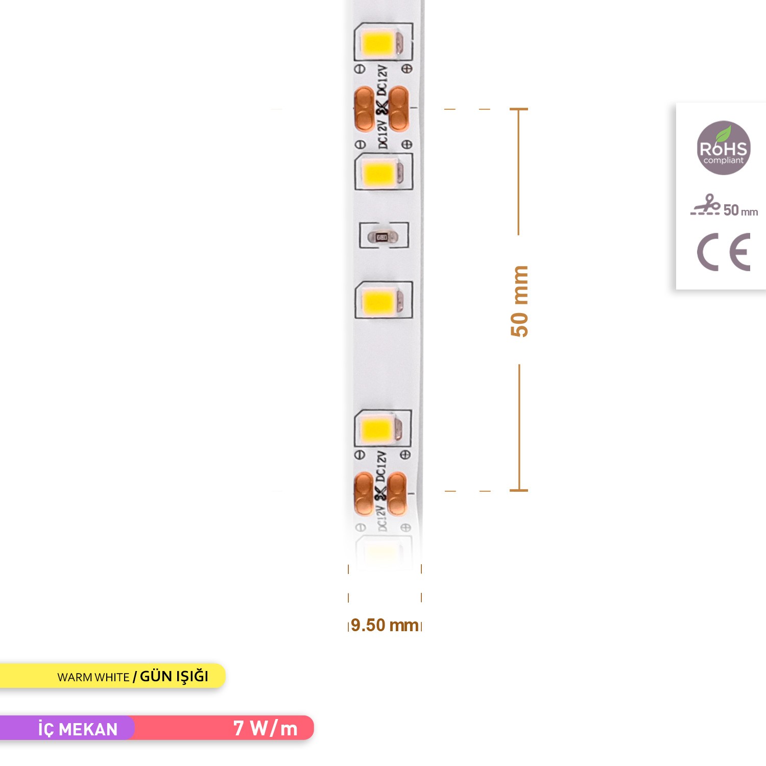 ACK Şerit LED 60 Led'li 3000K Günışığı 7W 5 Metre AS01-00800