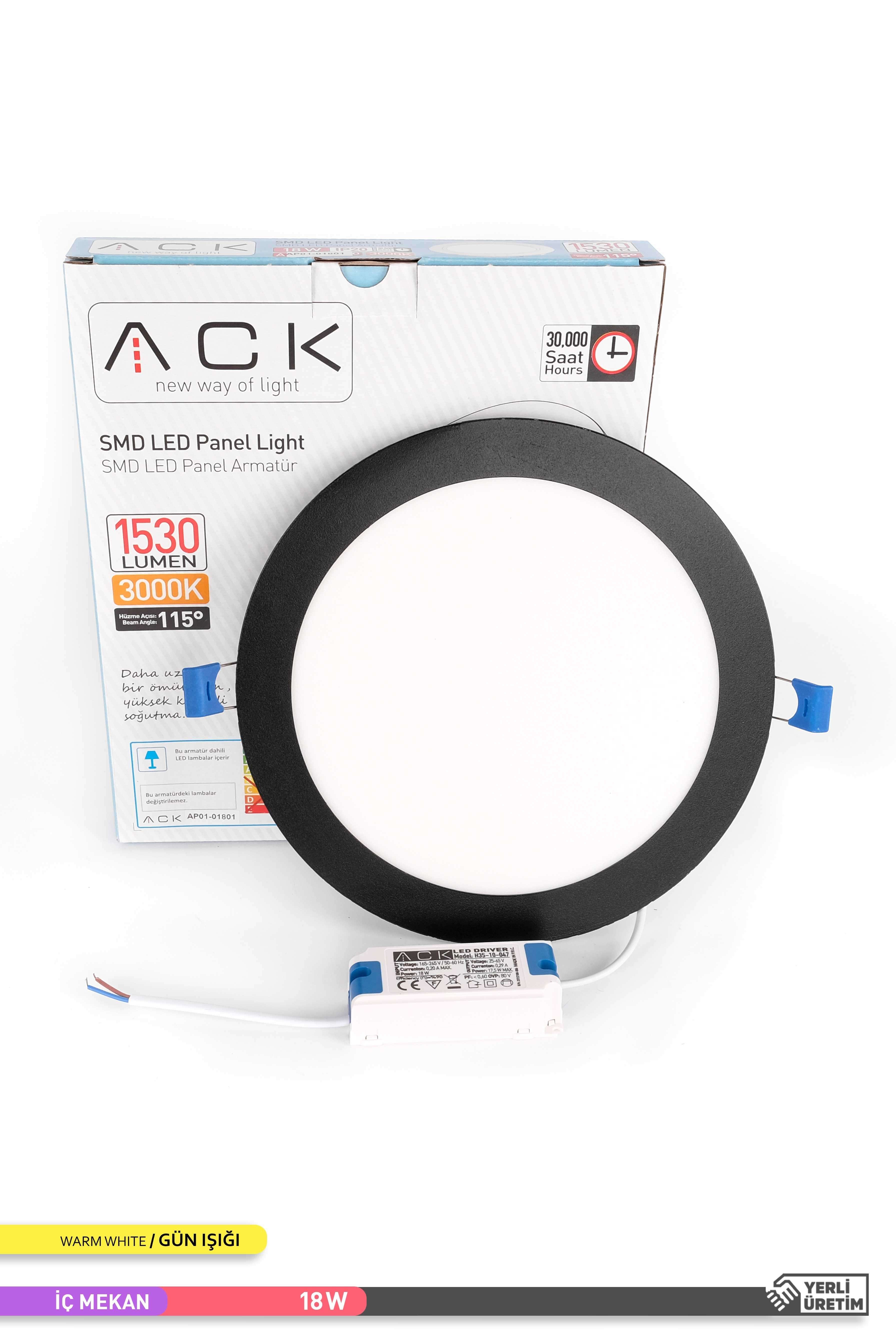 ACK 18W Sıva Altı Yuvarlak LED Panel Armatür Siyah Gövde 3000K Gün Işığı AP01-01801