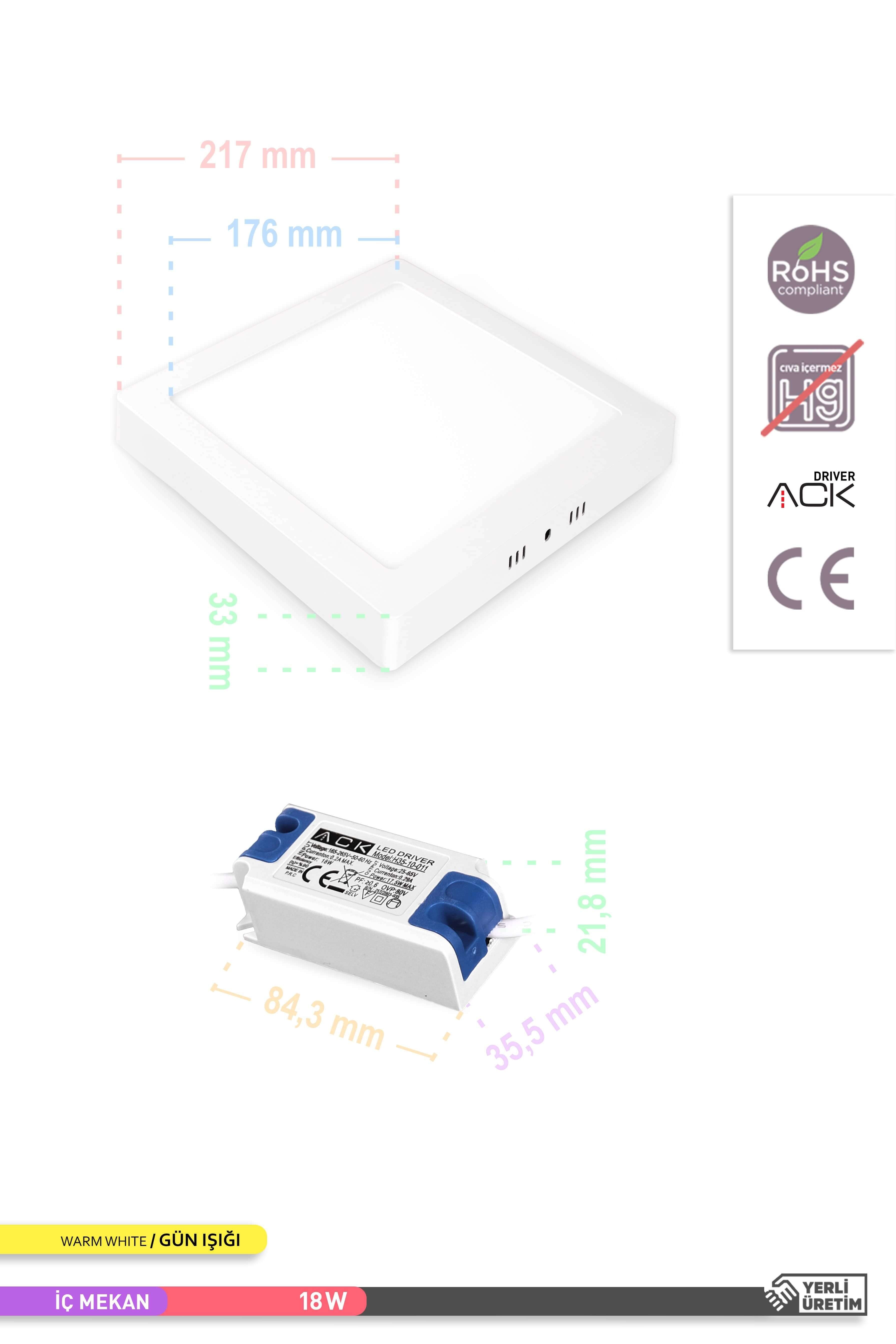 ACK Sıva Üstü Kare LED Panel Armatür Beyaz Gövde 3000K Gün Işığı 18W AP04-01800