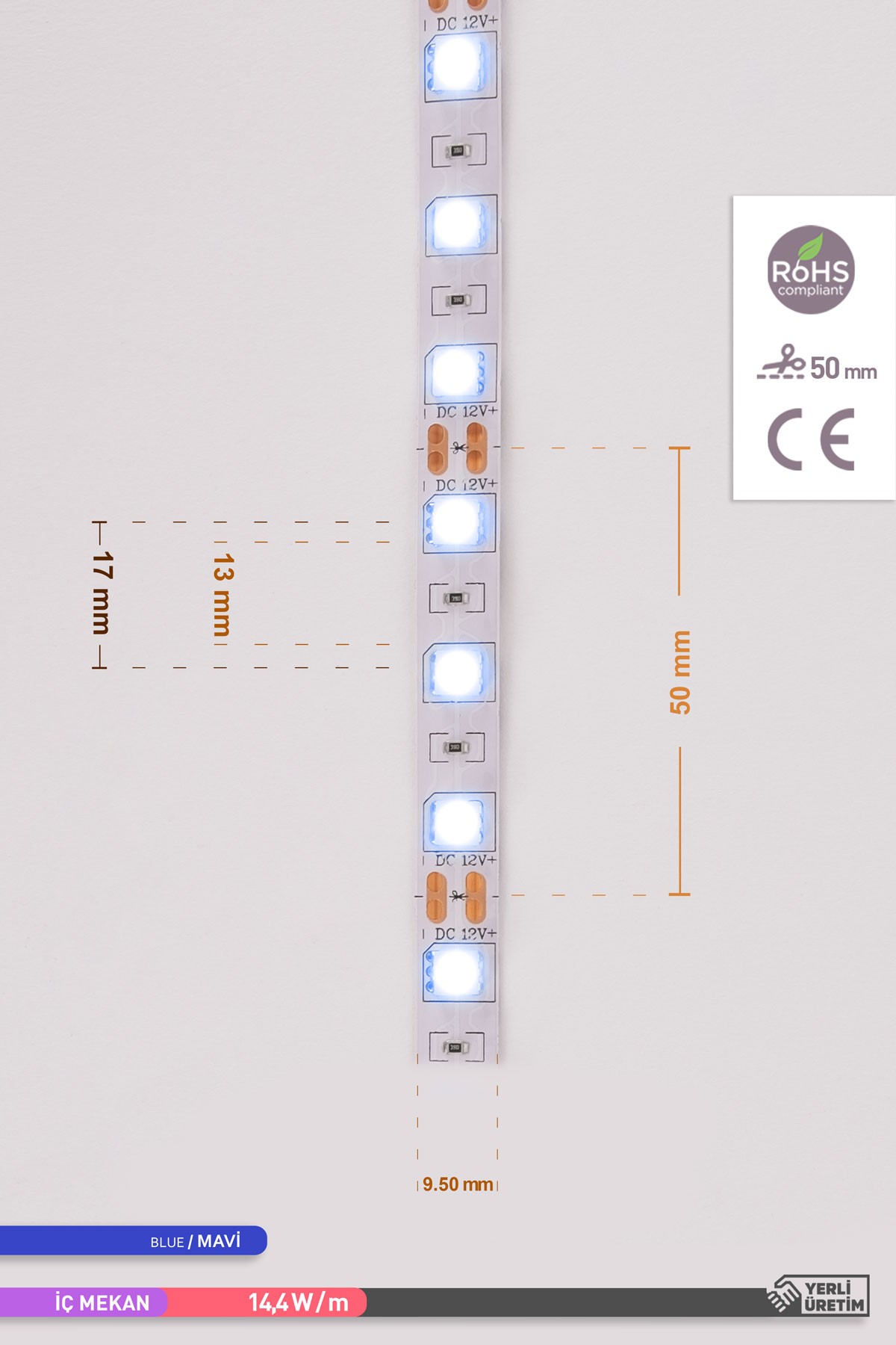 ACK Üç Çip 60 LED li Şerit LED Mavi Işık 12V 14.4W 5m AS01-00306