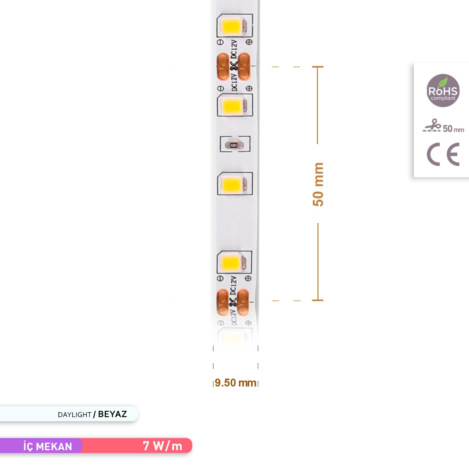 ACK Şerit LED 60 Led'li 6500K Beyaz Işık 7W 5 Metre AS01-00803