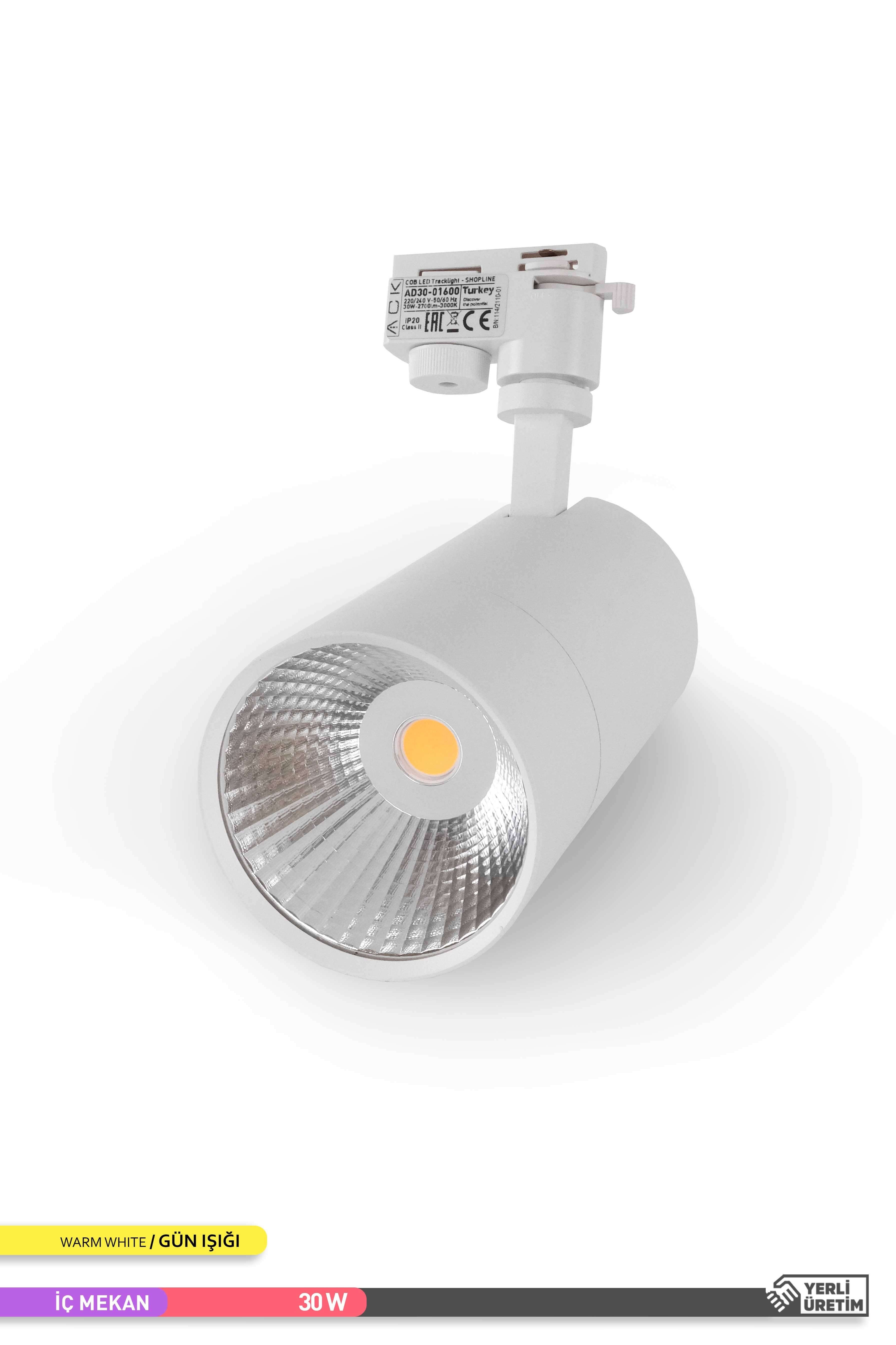 ACK COB LED Monofaze Ray Armatürü Beyaz Gövde Tek Ayaklı 3000K Gün Işığı 30W