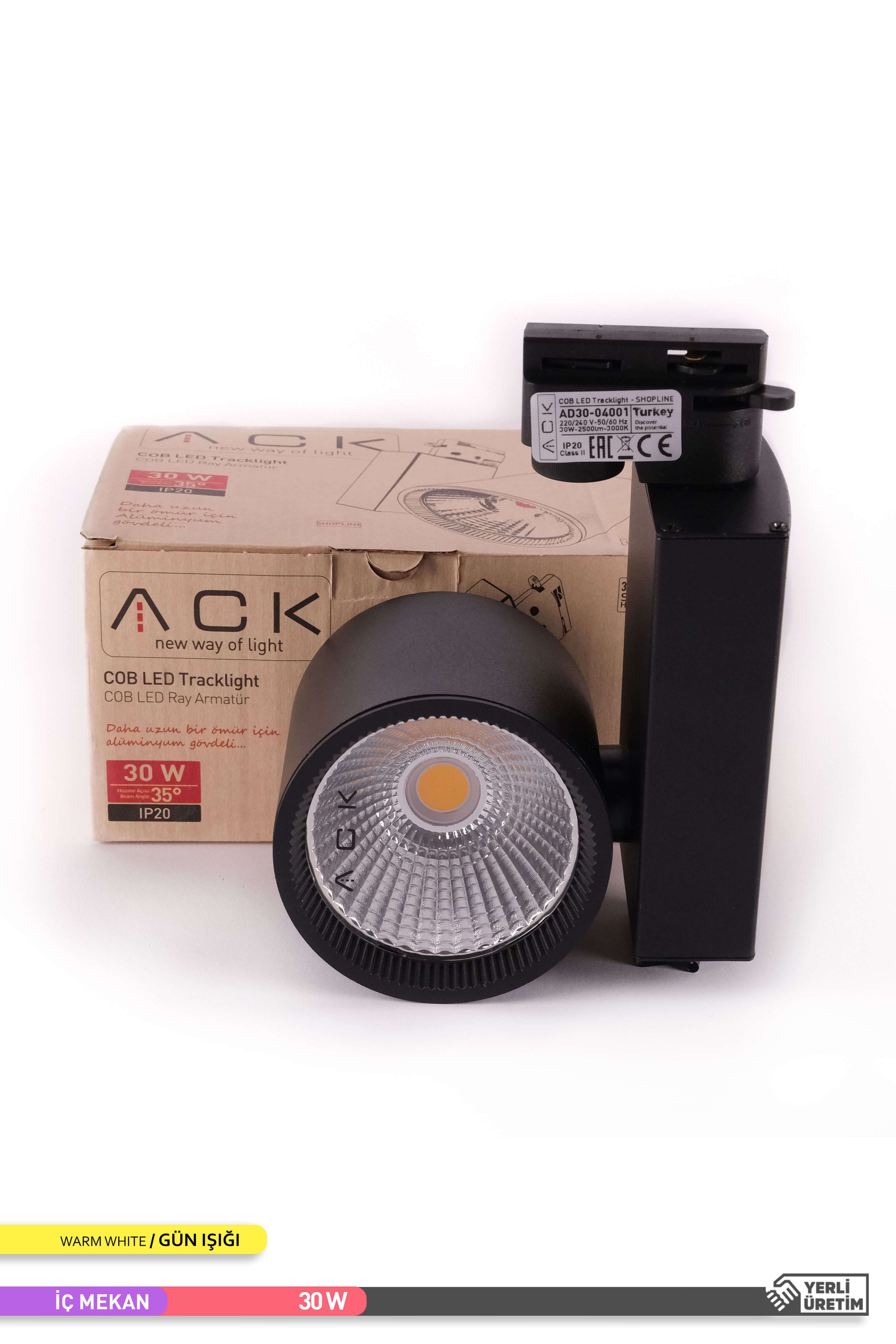 ACK COB LED Monofaze Ray Armatürü Siyah Gövde 3000K Gün Işığı 30W