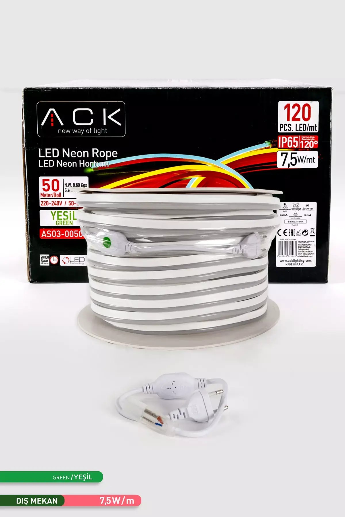 ACK 120 LED li LED Neon Hortum Yeşil Işık 220V 7.5W 50m AS03-00505