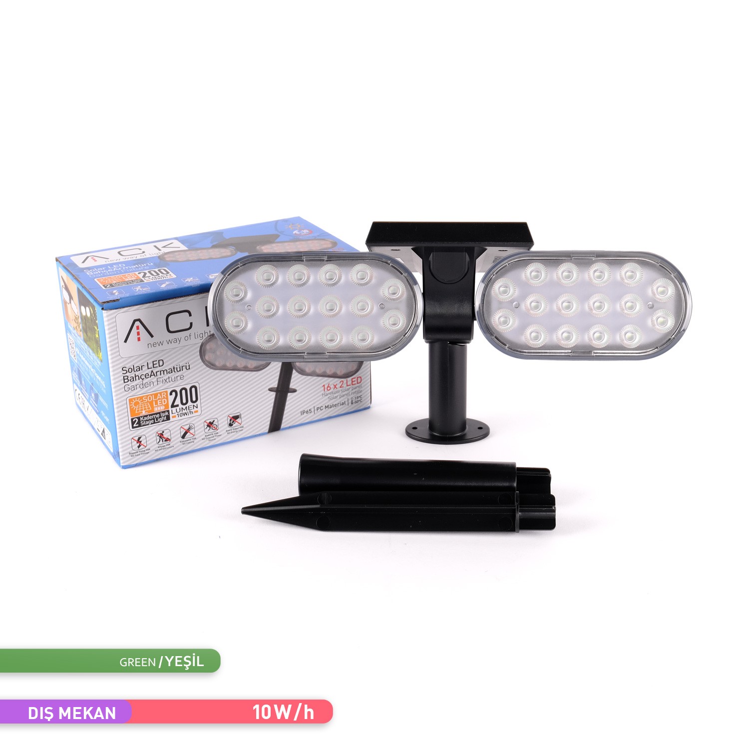 Ack Solar LED Kazıklı Çim Armatürü Güneş Enerjili Bahçe Duvar Aydınlatması Yeşil Renk AG60-02851