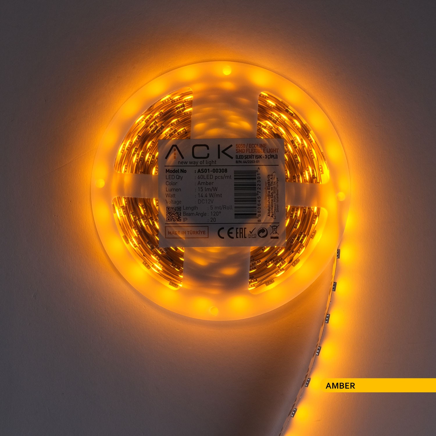 ACK Üç Çip 60 LED li Şerit LED Amber Işık 12V 14.4W 5m