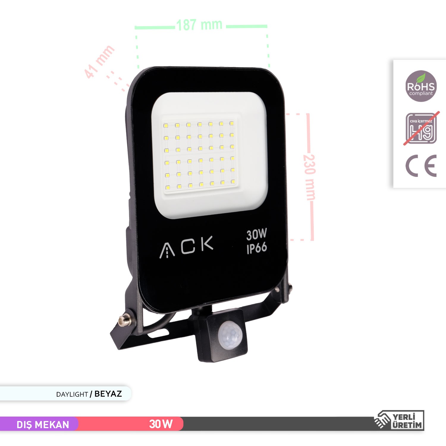 ACK 30W Sensörlü LED Projektör 6500K Beyaz Işık AT62-23032