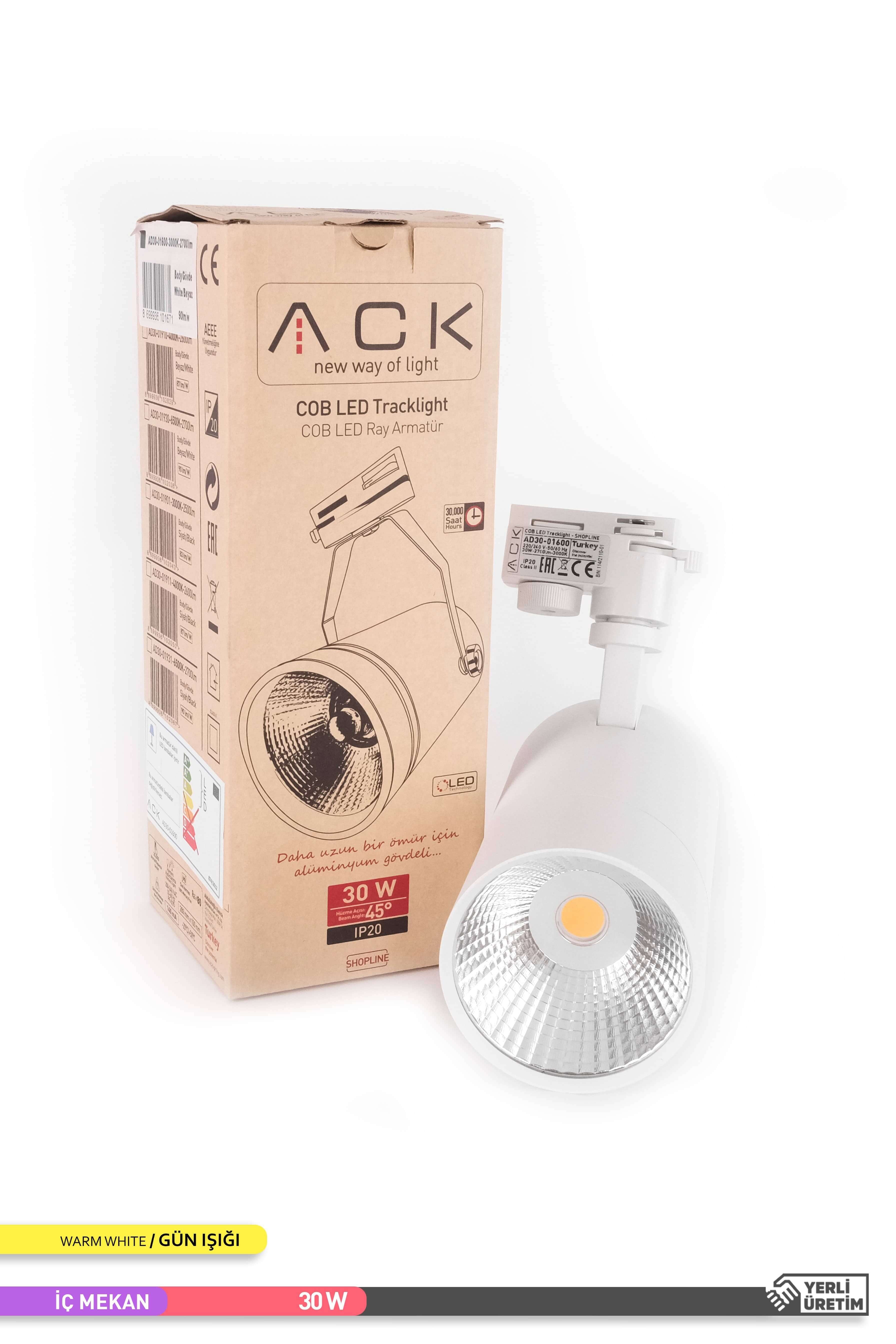 ACK COB LED Monofaze Ray Armatürü Beyaz Gövde Tek Ayaklı 3000K Gün Işığı 30W