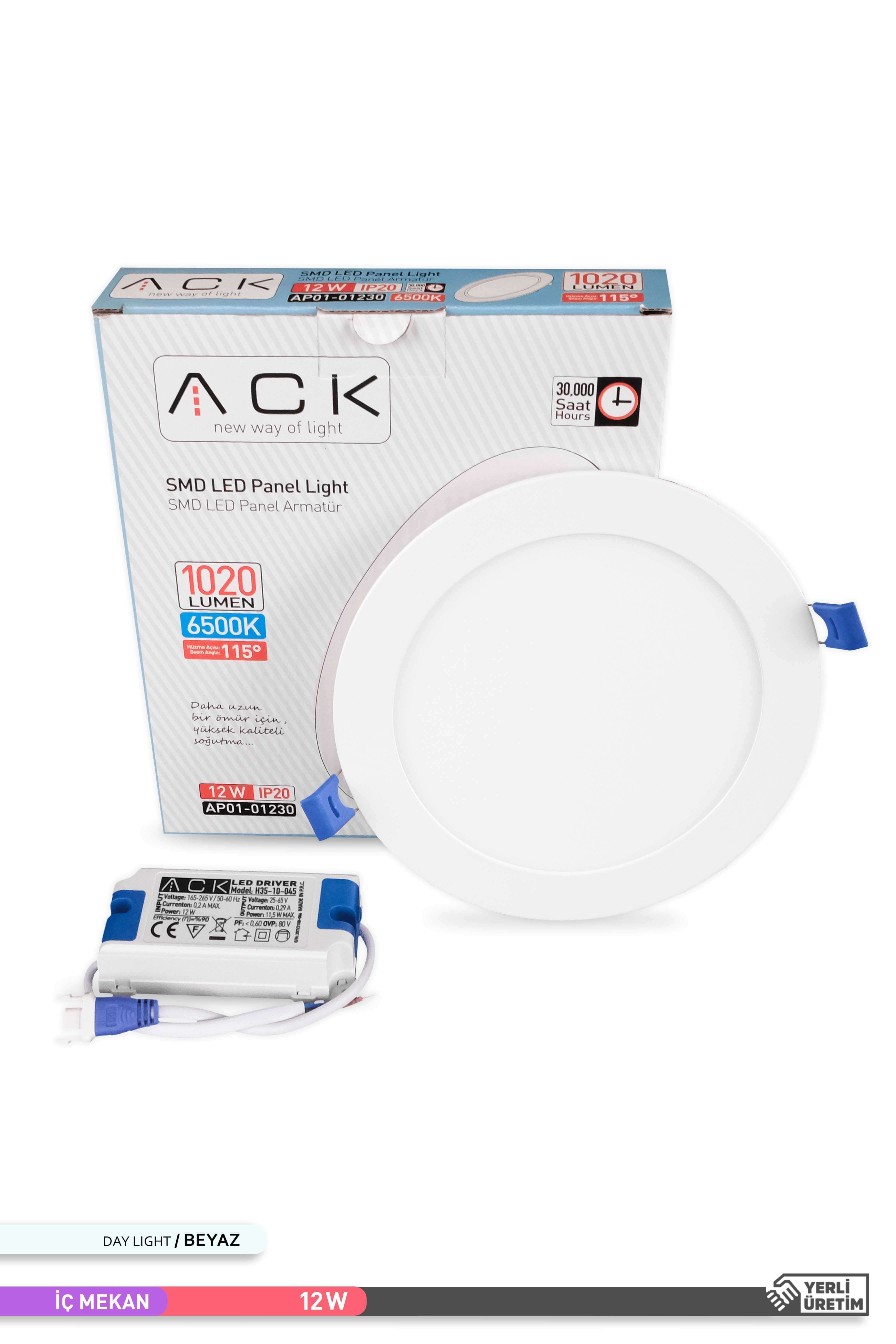 ACK Sıva Altı Yuvarlak LED Panel Armatür Beyaz Gövde 6500K Beyaz Işık 12W AP01-01230