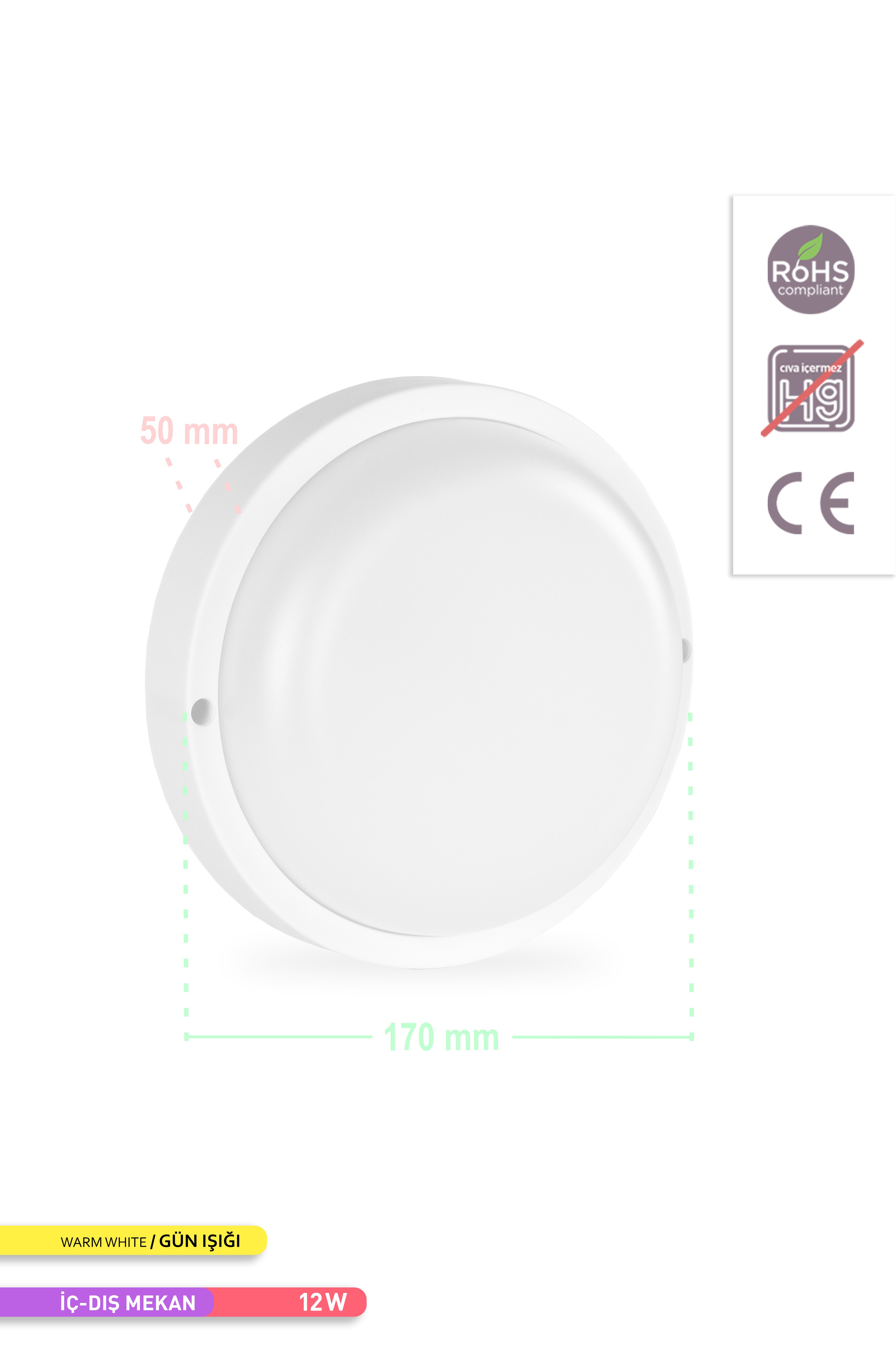 ACK 12W LED Tavan/Duvar Armatürü 3000K Günışığı Beyaz Kasa Duvar Apliği