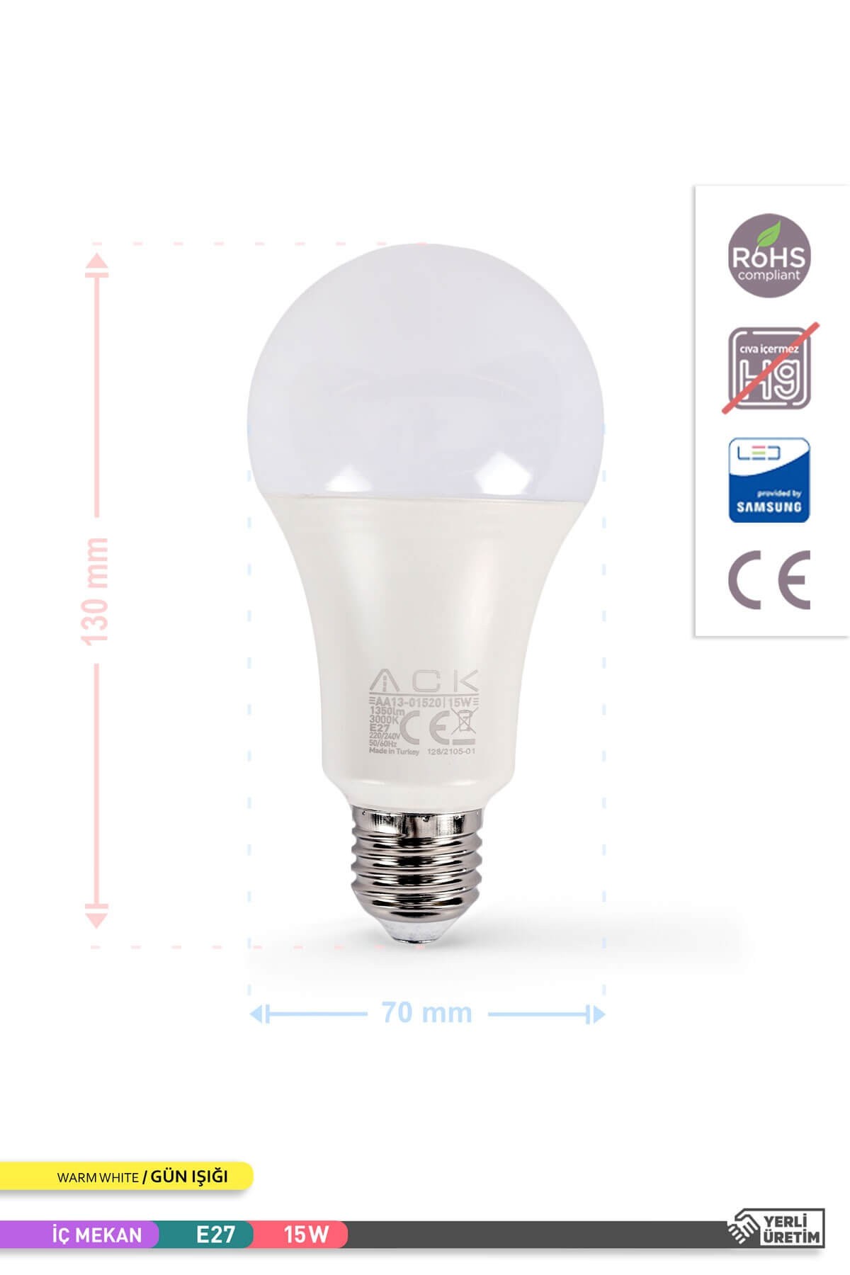 ACK LED A70 Ampul 3000K Gün Işığı 220V 15W E27