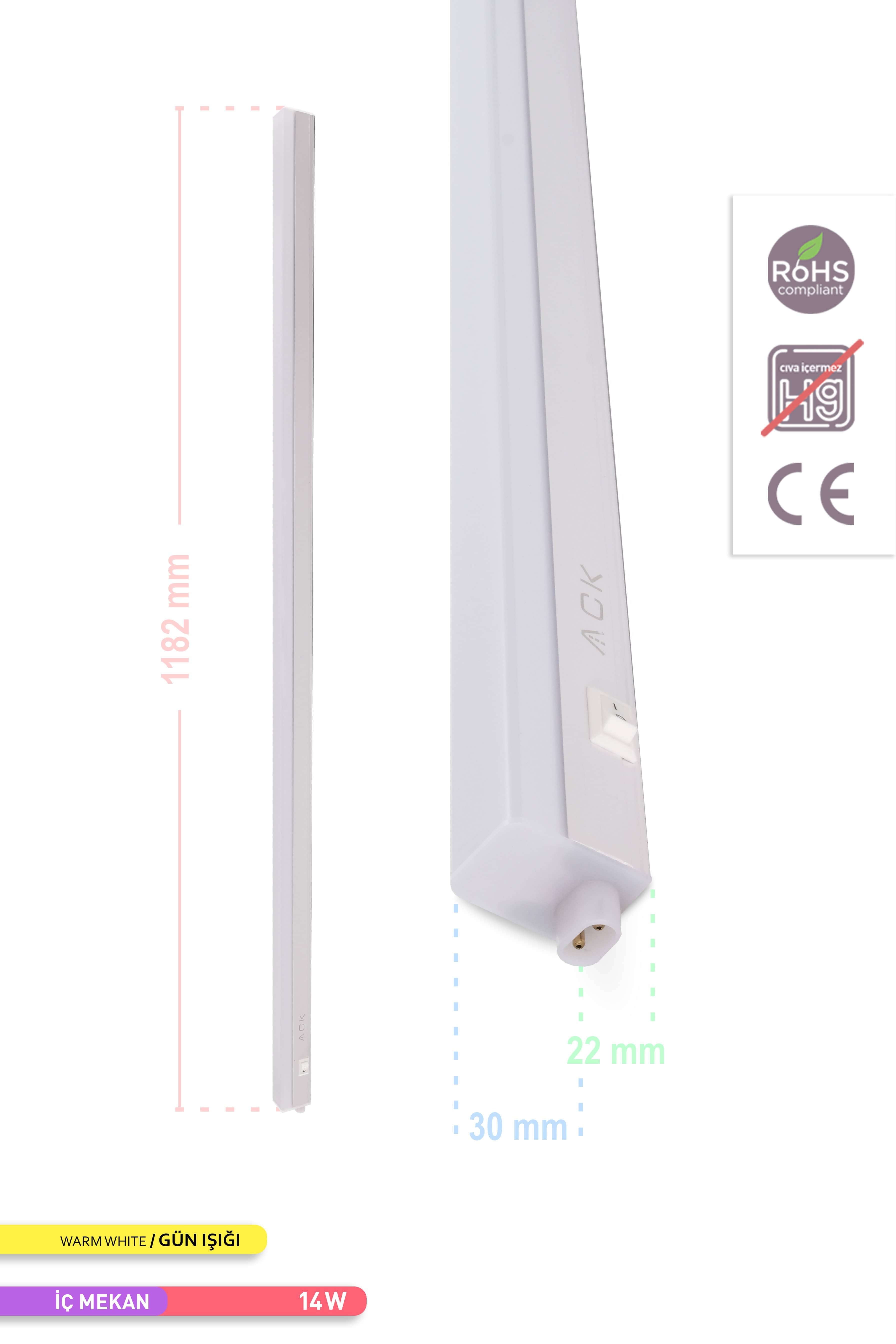 ACK Merkür LED Bant Armatür 3000K Gün Işığı 14W 1173mm AN10-01400