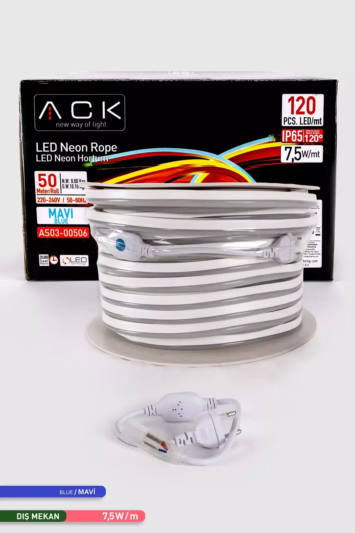 ACK 120 LED li LED Neon Hortum Mavi Işık 220V 7.5W 50m AS03-00506