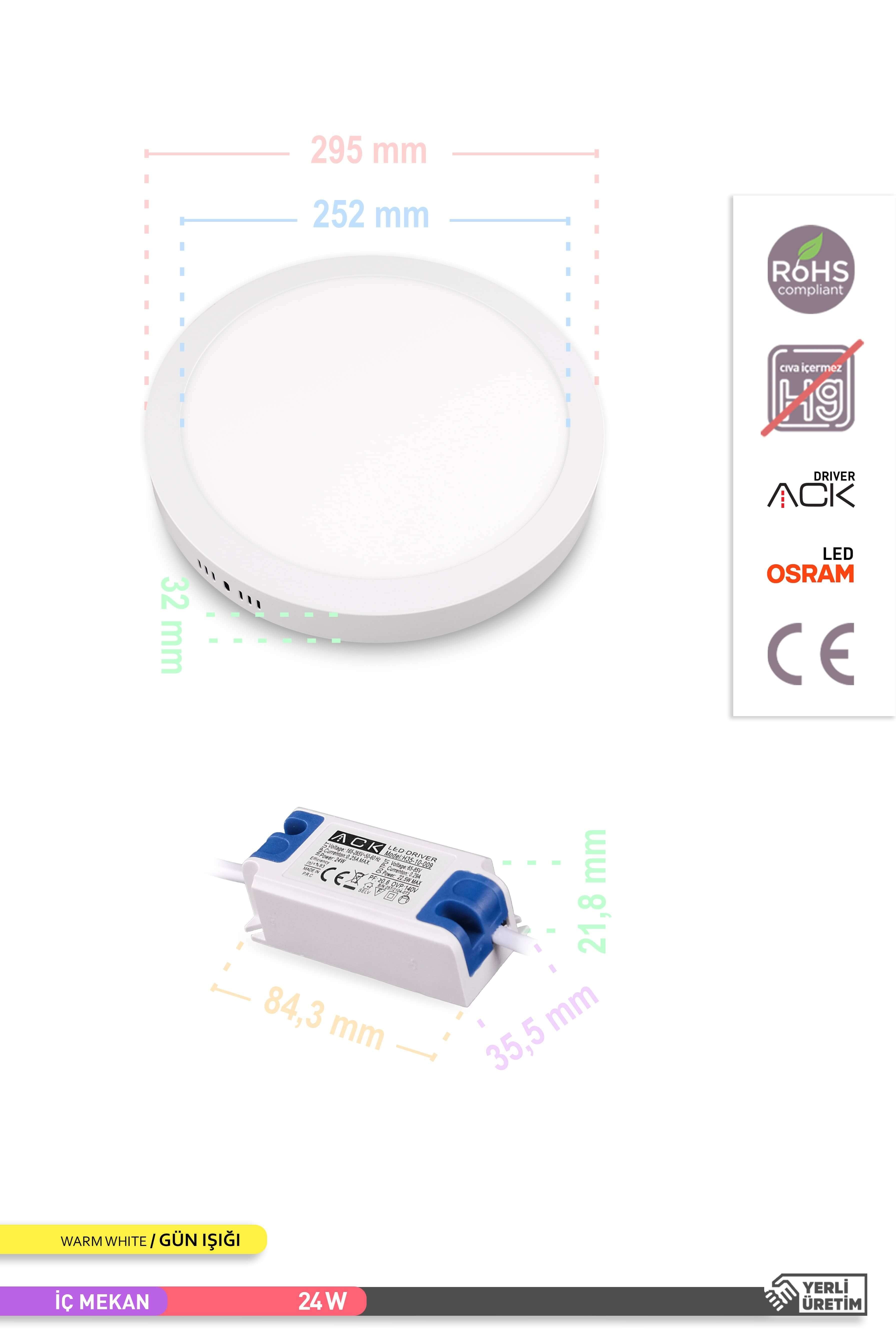 ACK Sıva Üstü Yuvarlak LED Panel Armatür Beyaz Gövde 3000K Gün Işığı 24W AP03-02400