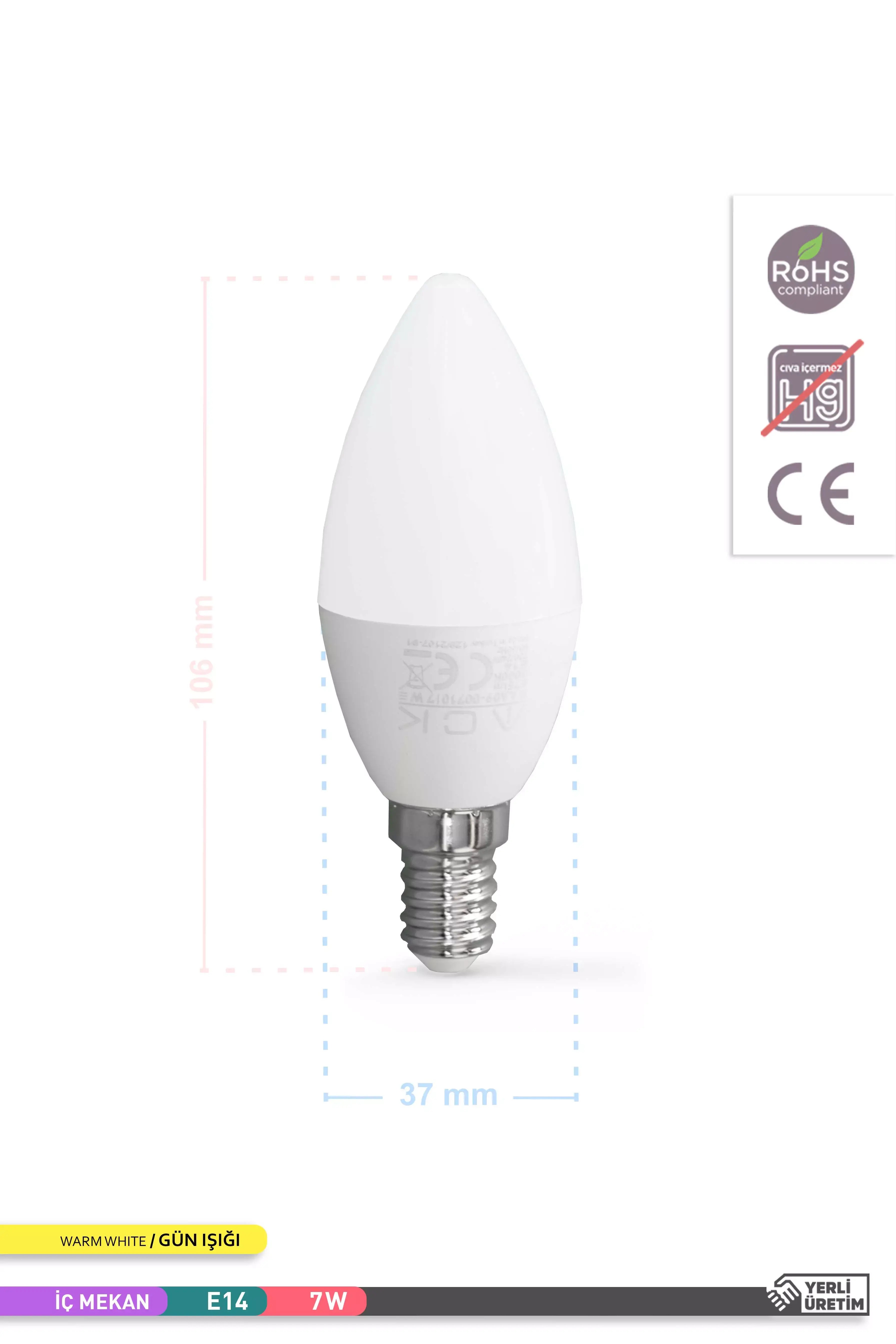 ACK LED Mum Ampul 3000K Gün Işığı 220V 7W E14