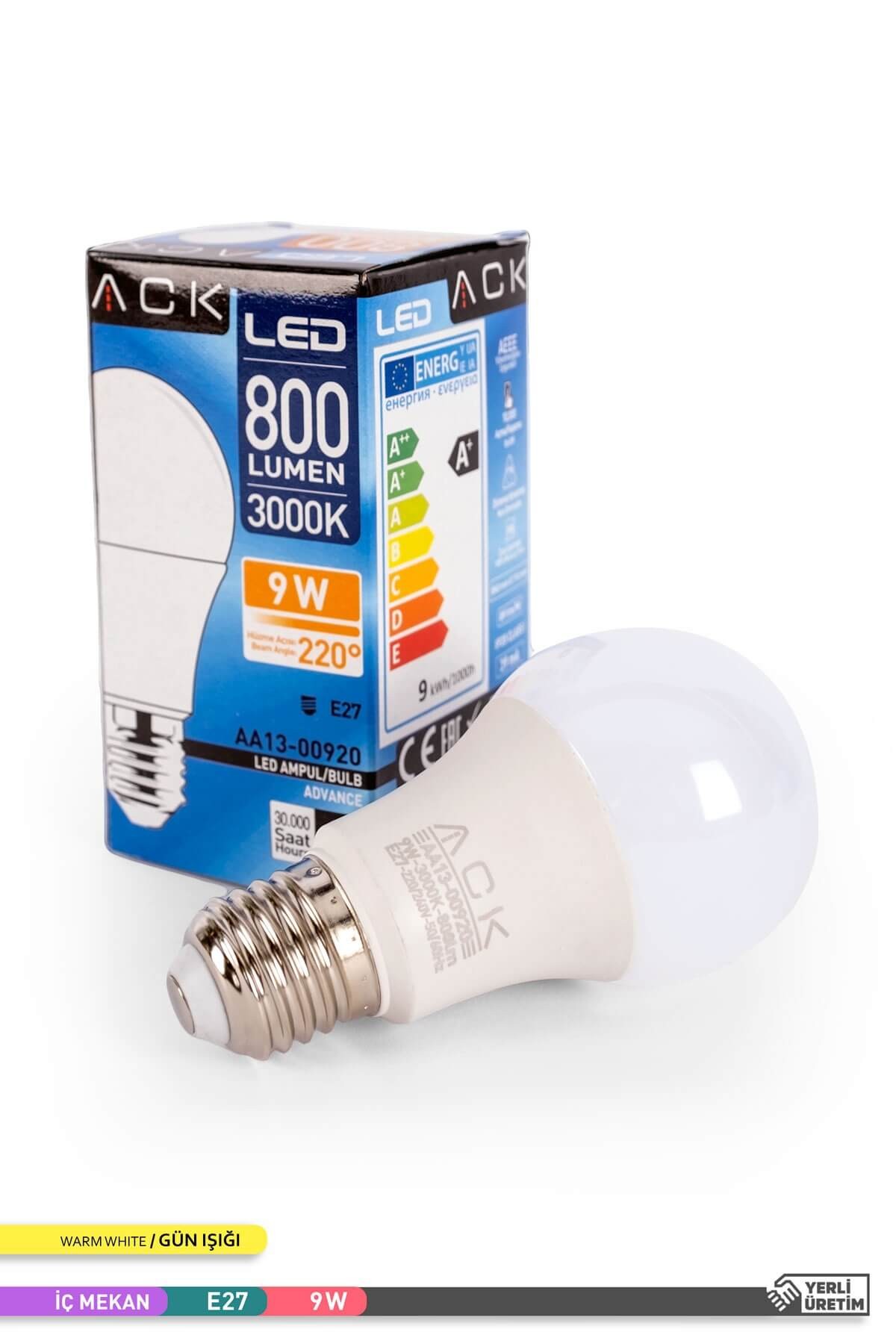 ACK LED A60 Ampul 3000K Gün Işığı 220V 9W E27