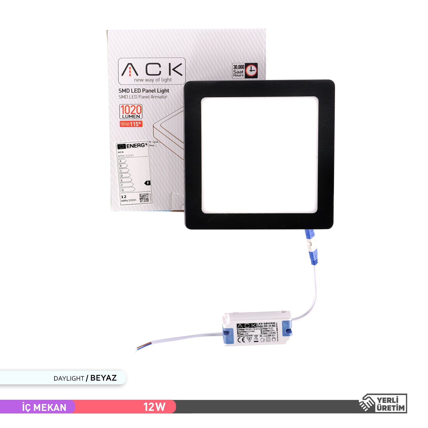 ACK 12W Sıva Üstü Kare LED Panel Armatür Siyah Gövde 6500K Beyaz Işık AP04-01231