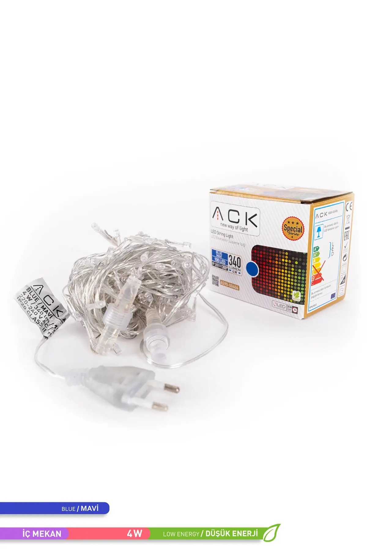 ACK 100 LED li Eklenebilir LED Süsleme, Yılbaşı Ağacı Süsleme Mavi Işık 220V 4W 10m AS90-00406