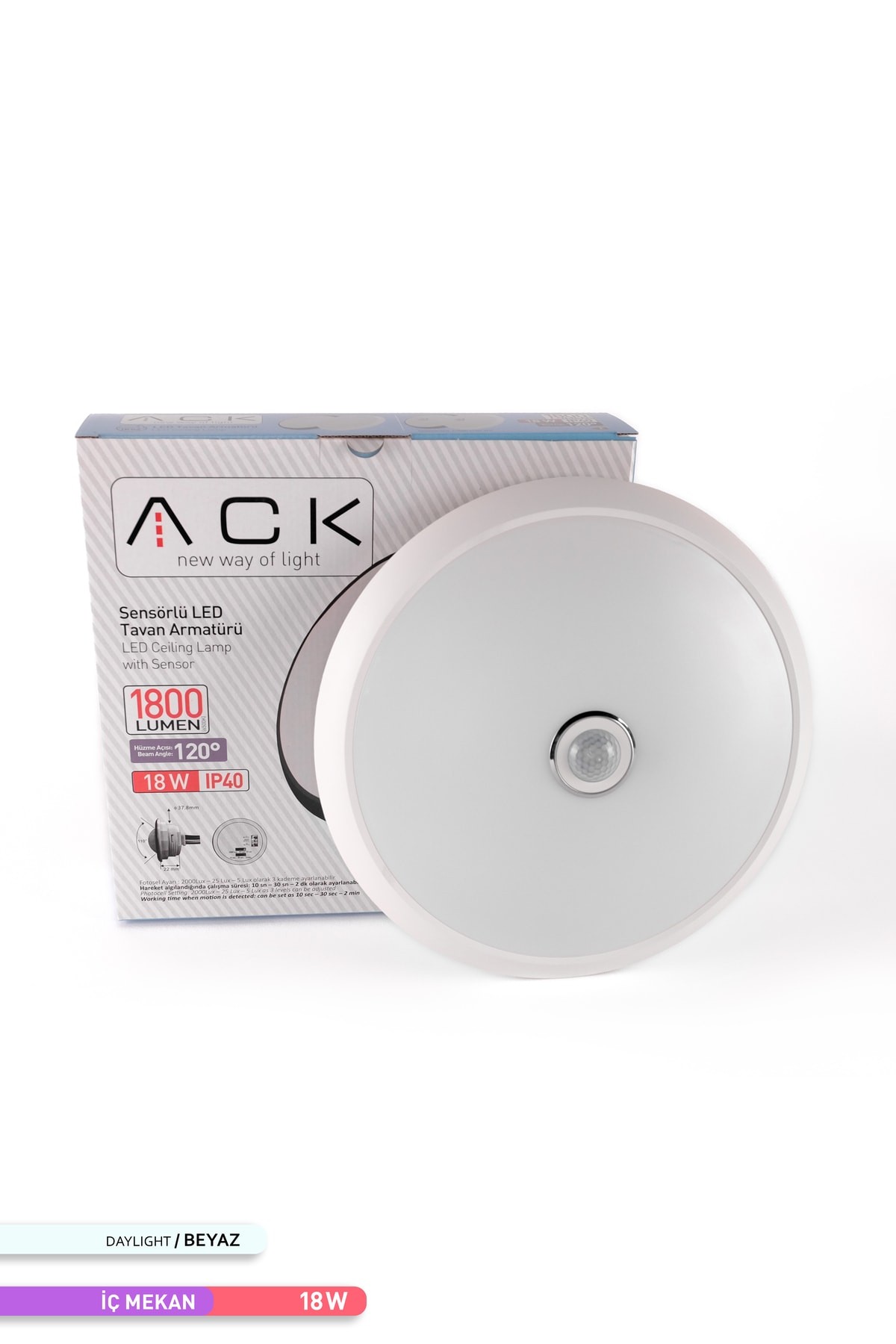 ACK 18W Sensörlü Led Tavan Armatürü 6500 K Beyaz Işık AC17-00130