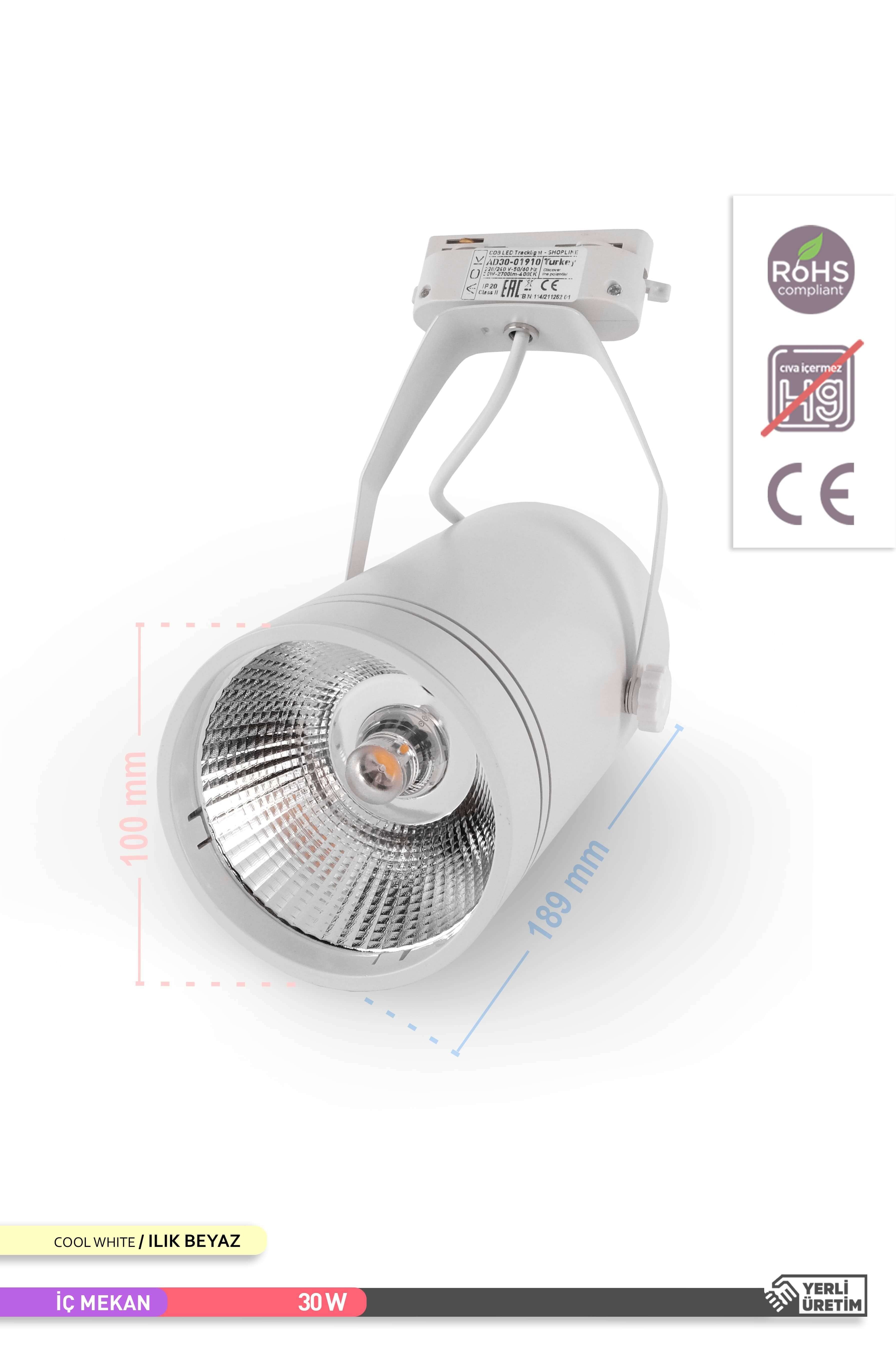 ACK COB LED Monofaze Ray Armatürü Beyaz Gövde Çift Ayaklı 4000K Ilık Beyaz 30W