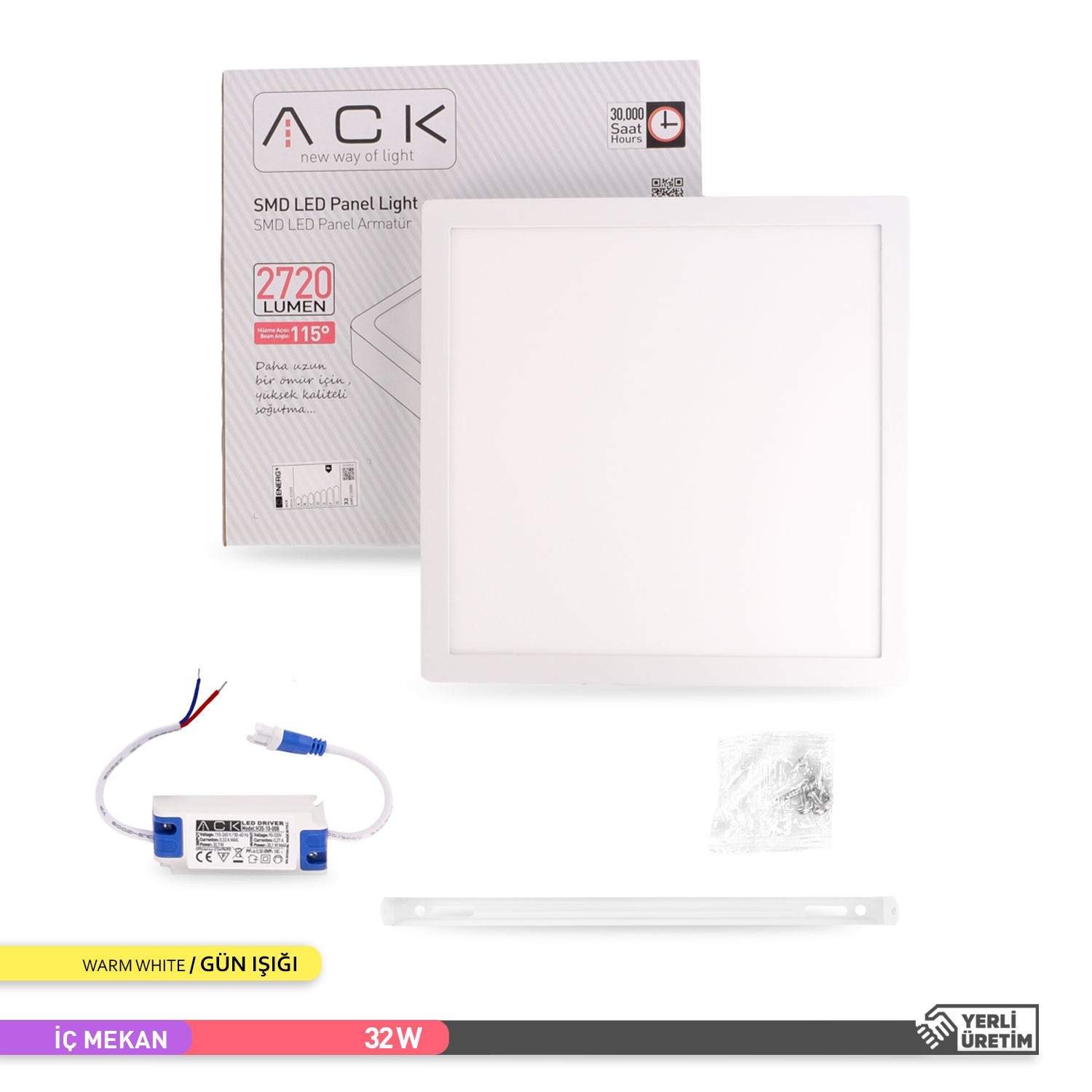 ACK 32W Sıva Üstü Kare LED Panel Armatür Beyaz Gövde 3000K Günışığı