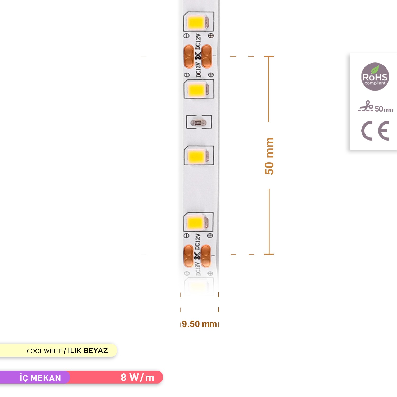 ACK Şerit LED 60 Led'li 4000K Ilık Beyaz 7W 5 Metre AS01-00801