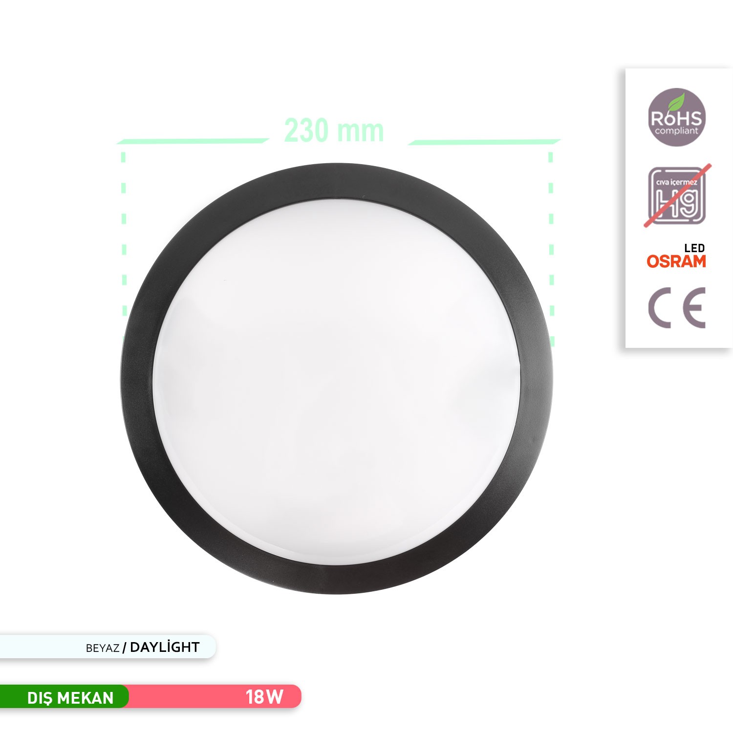 ACK 18W LED Tavan ve Duvar Armatürü 6500K Beyaz Işık Siyah Kasa AT10-51831