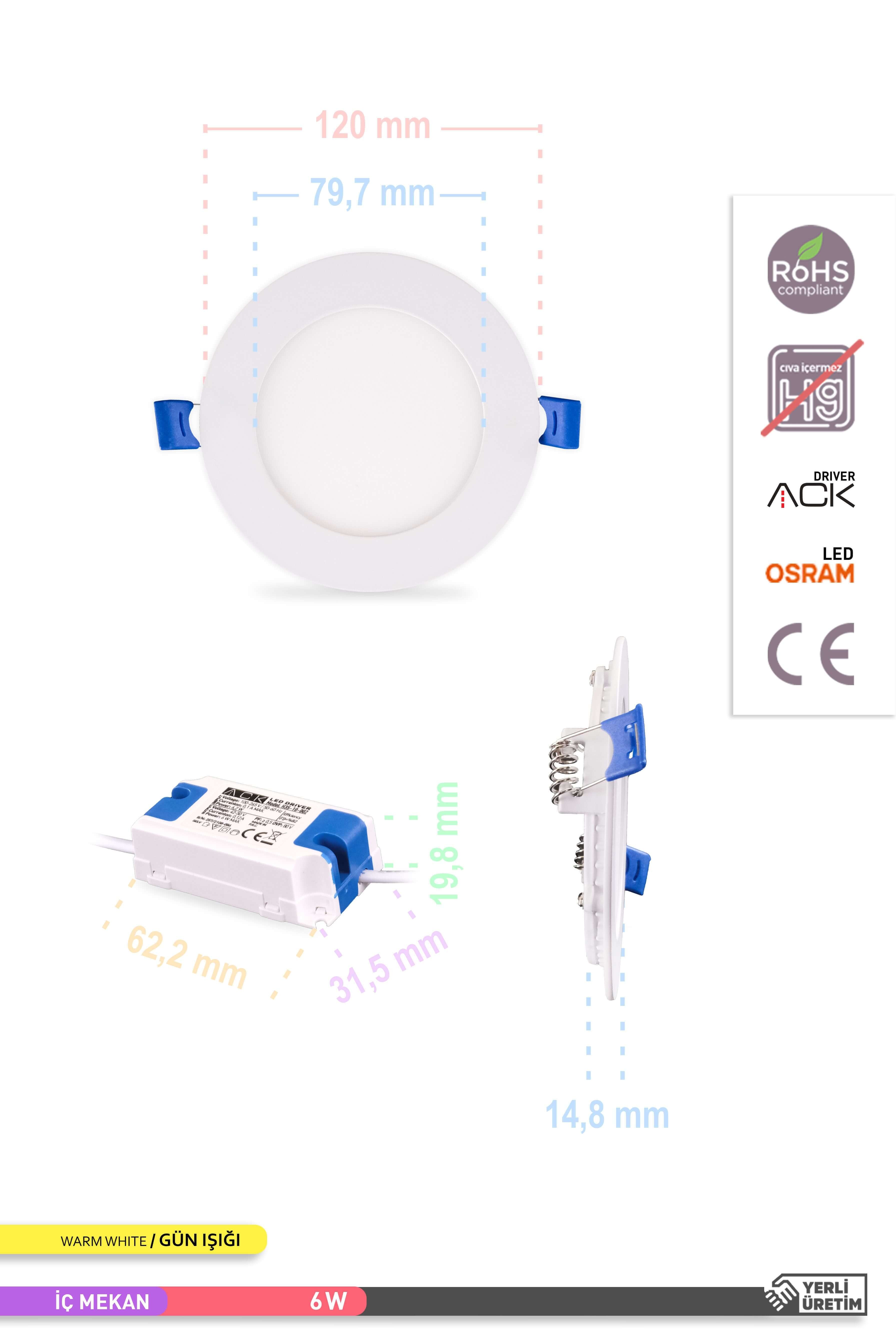 ACK Sıva Altı Yuvarlak LED Panel Armatür Beyaz Gövde 3000K Gün Işığı 6W AP01-00600