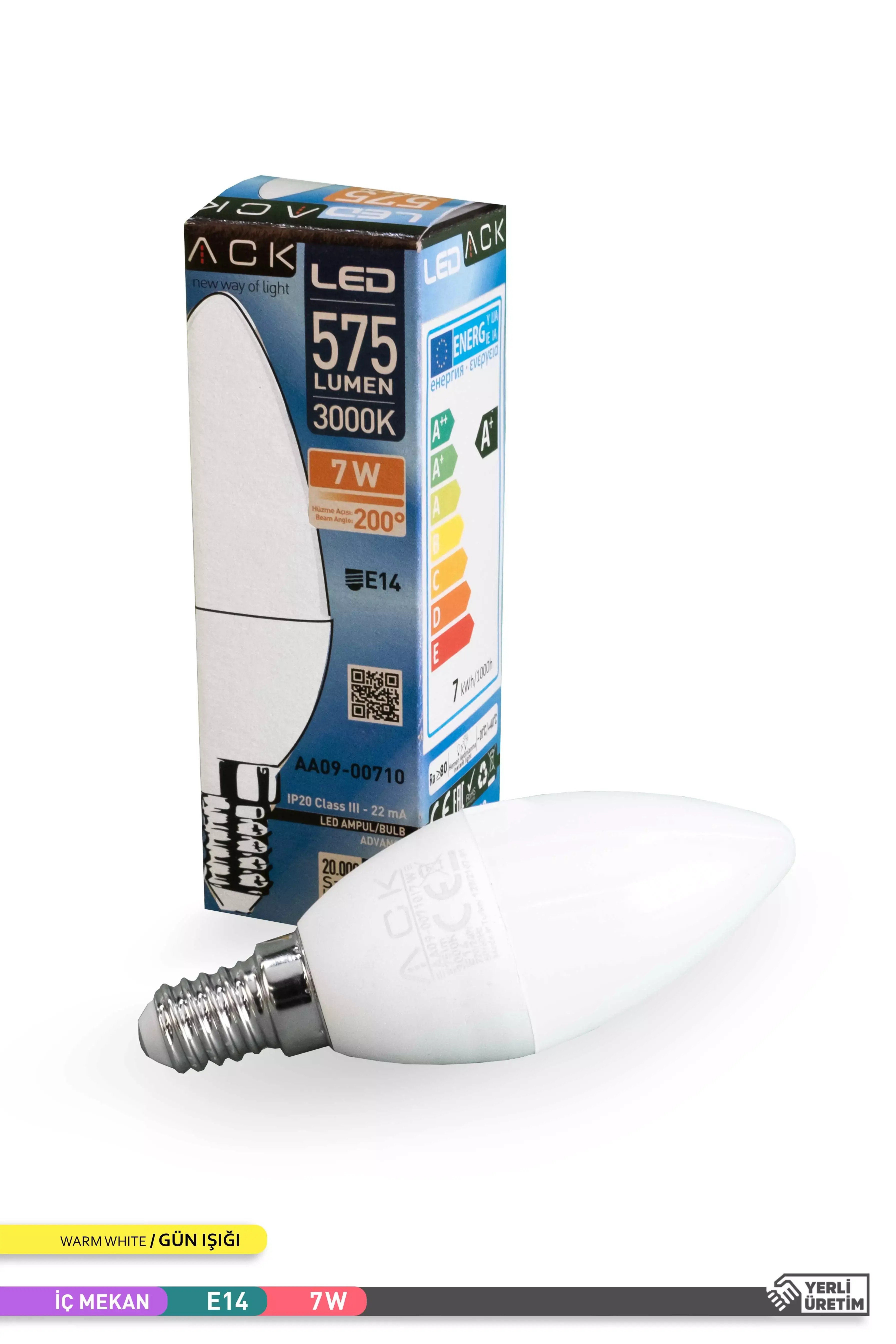 ACK LED Mum Ampul 3000K Gün Işığı 220V 7W E14