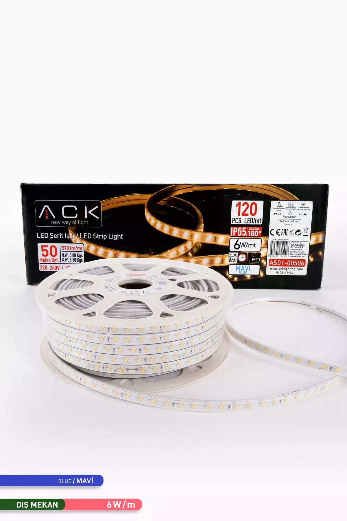 ACK 120 LED li Şerit LED Mavi Işık 220V 6W 50m AS01-00506