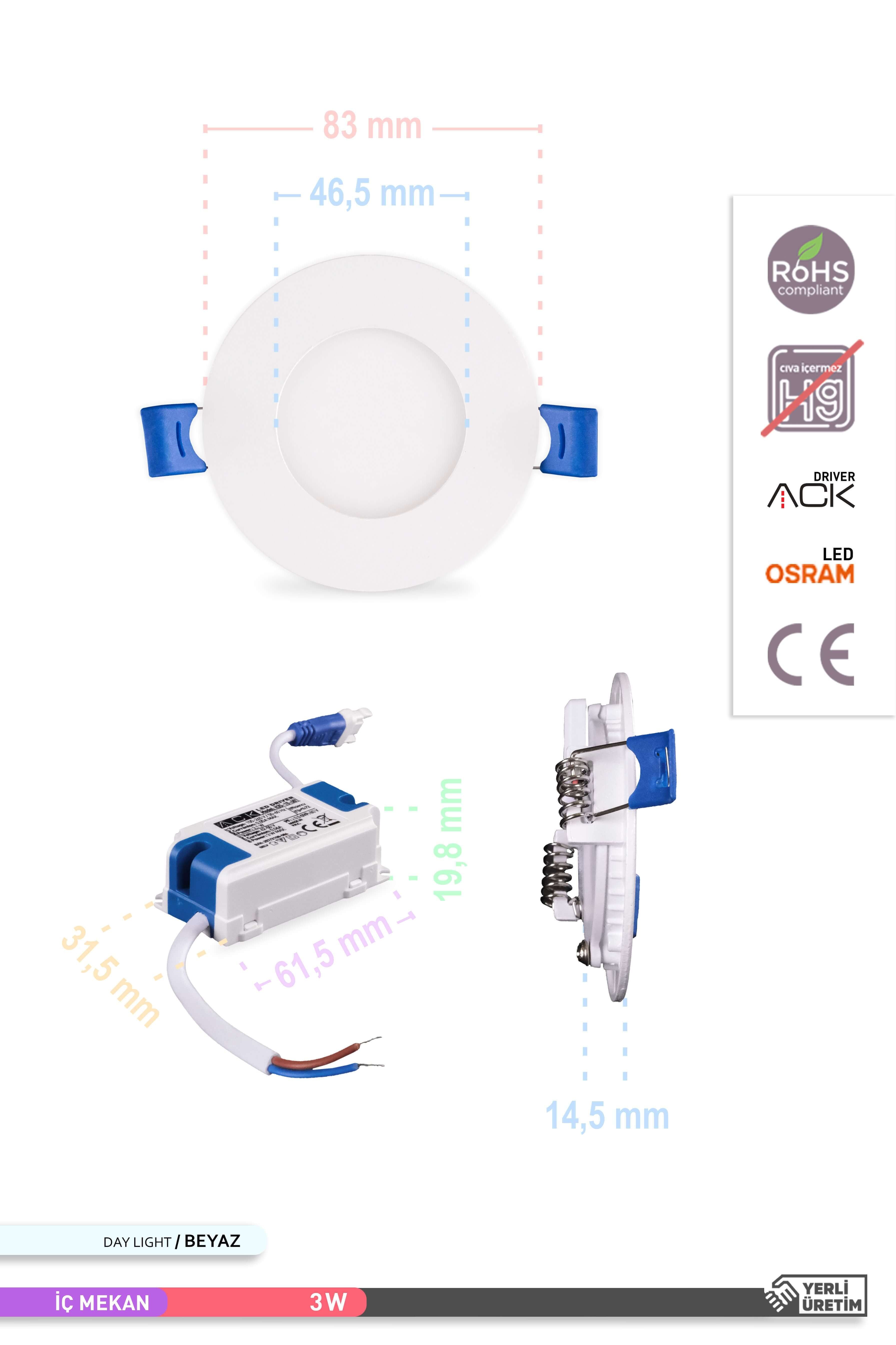 ACK Sıva Altı Yuvarlak LED Panel Armatür Beyaz Gövde 6500K Beyaz Işık 3W AP01-00330