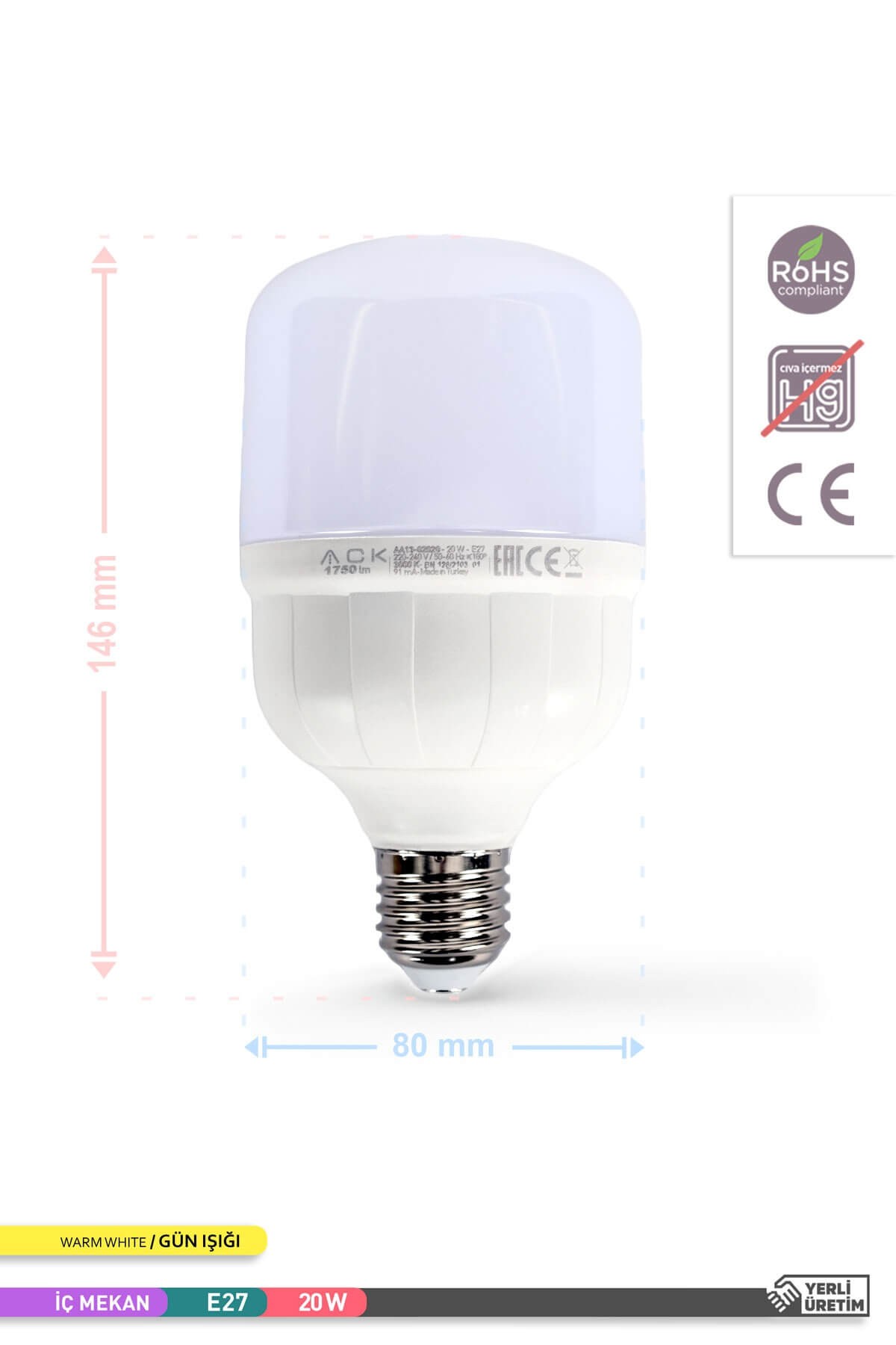 ACK LED T80 Ampul 3000K Gün Işığı 220V 20W E27