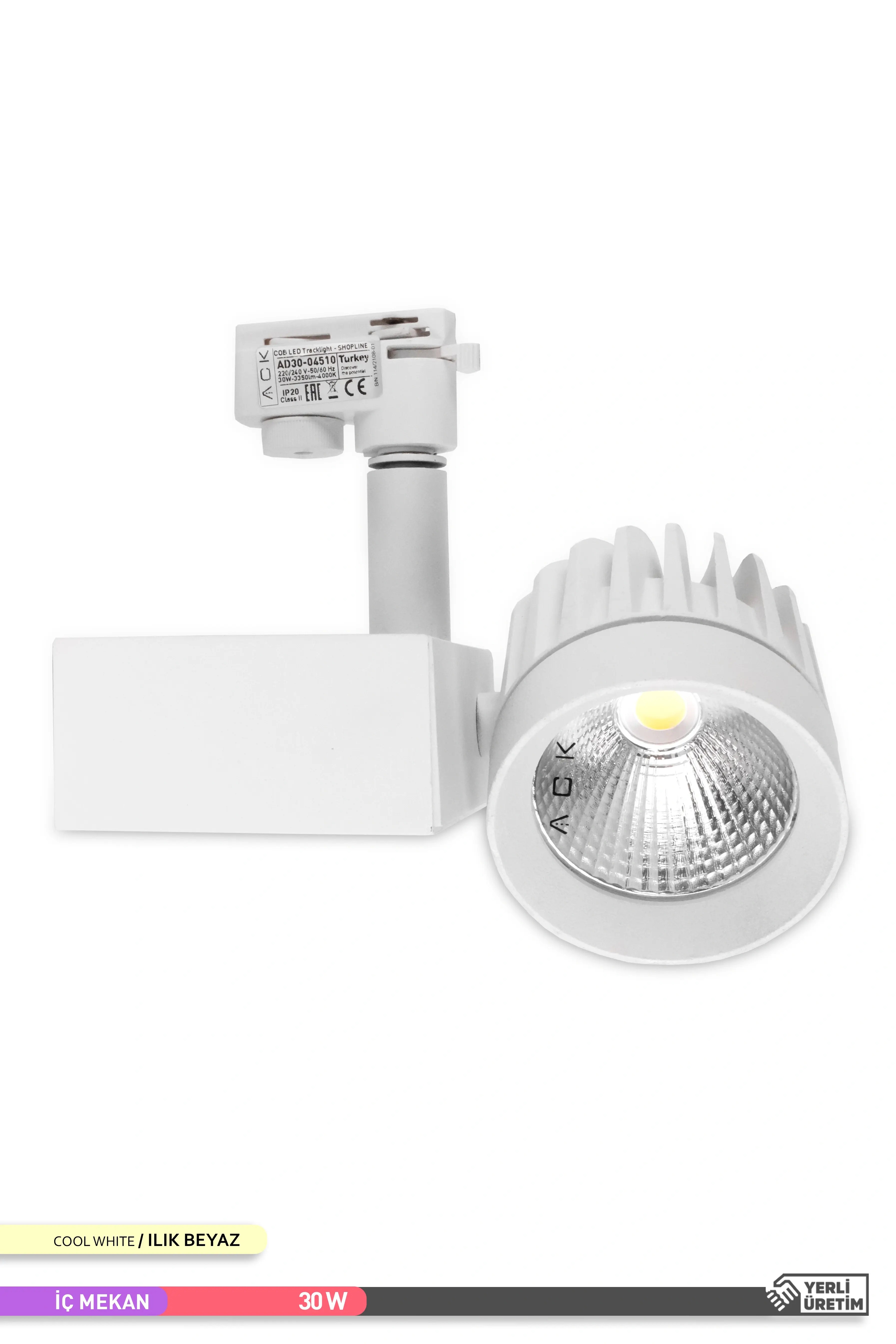 ACK COB LED Monofaze Ray Armatürü Beyaz Kasa 4000K Ilık Beyaz 30W