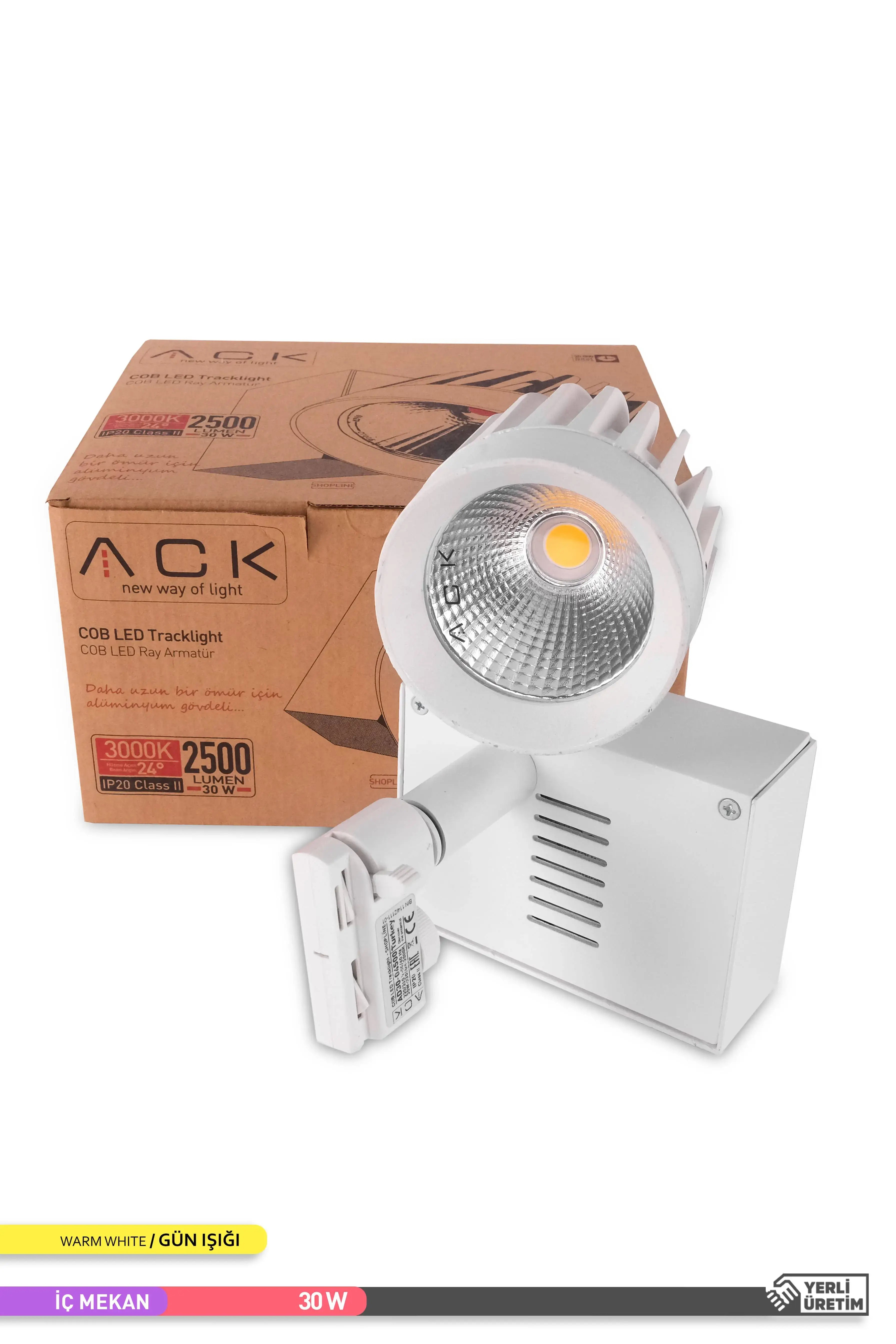 ACK COB LED Monofaze Ray Armatürü Beyaz Kasa 3000K Gün Işığı 30W