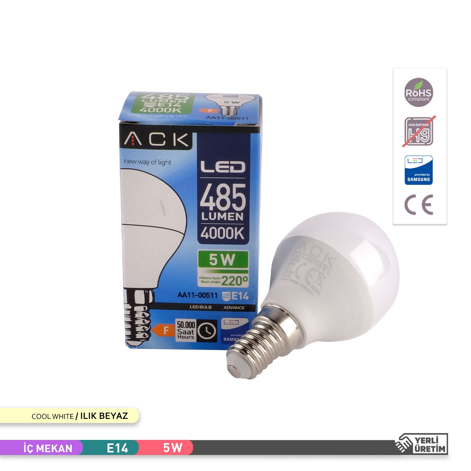 ACK 9W LED Top Ampul 4000K Ilık Beyaz 220V 5W E14 AA11-00511