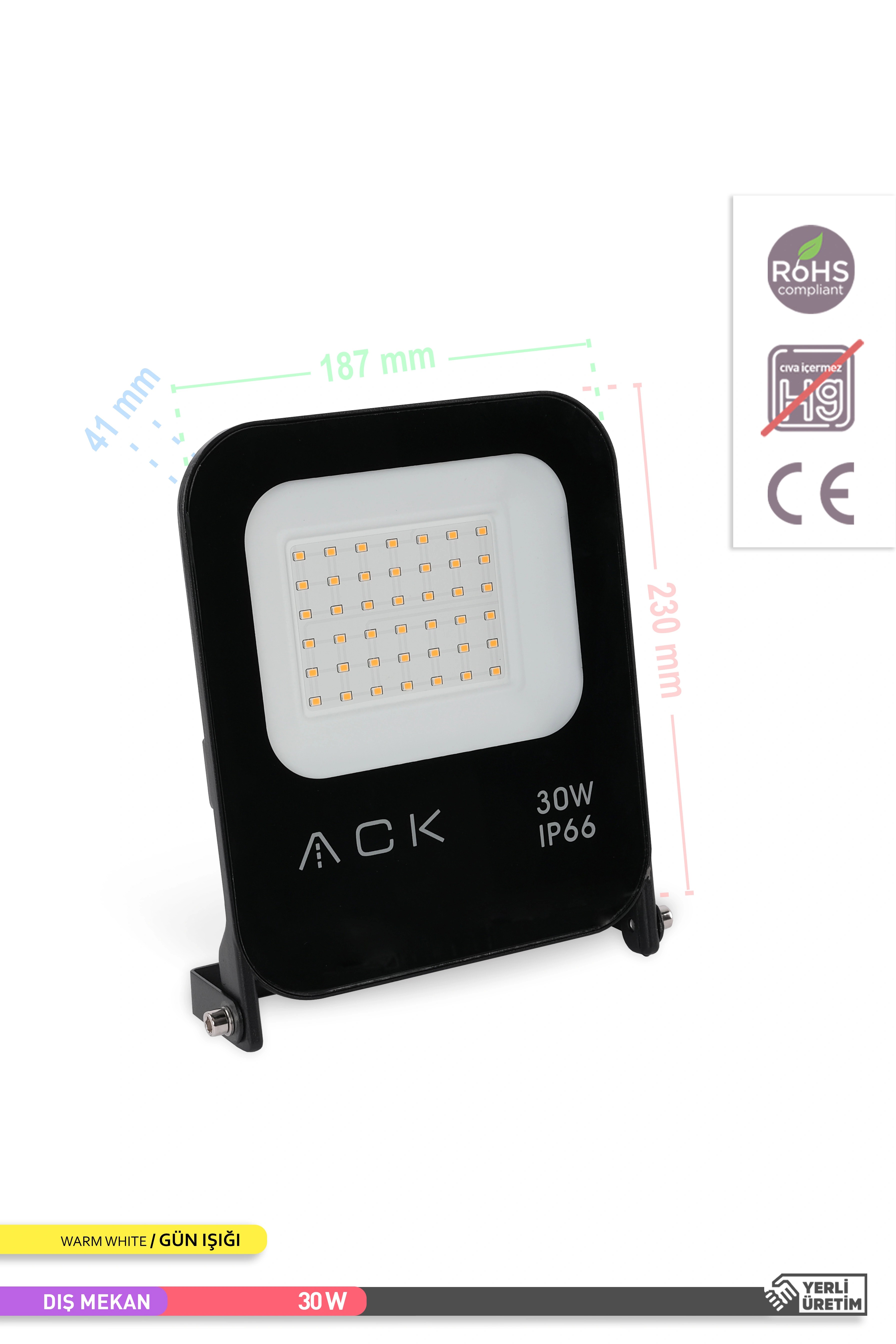 ACK SMD LED Projektör Siyah Kasa 3000K Gün Işığı 220V 30W AT62-03002